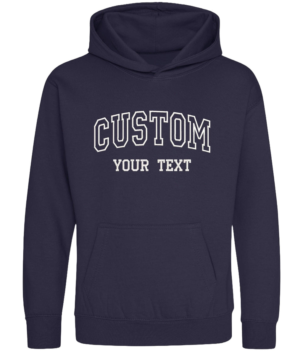 Embroidered Personalised College Varsity Text Hoodie (Kids & Adults Sizes) Custom Name Your Design Girls Boys Ladies Mens