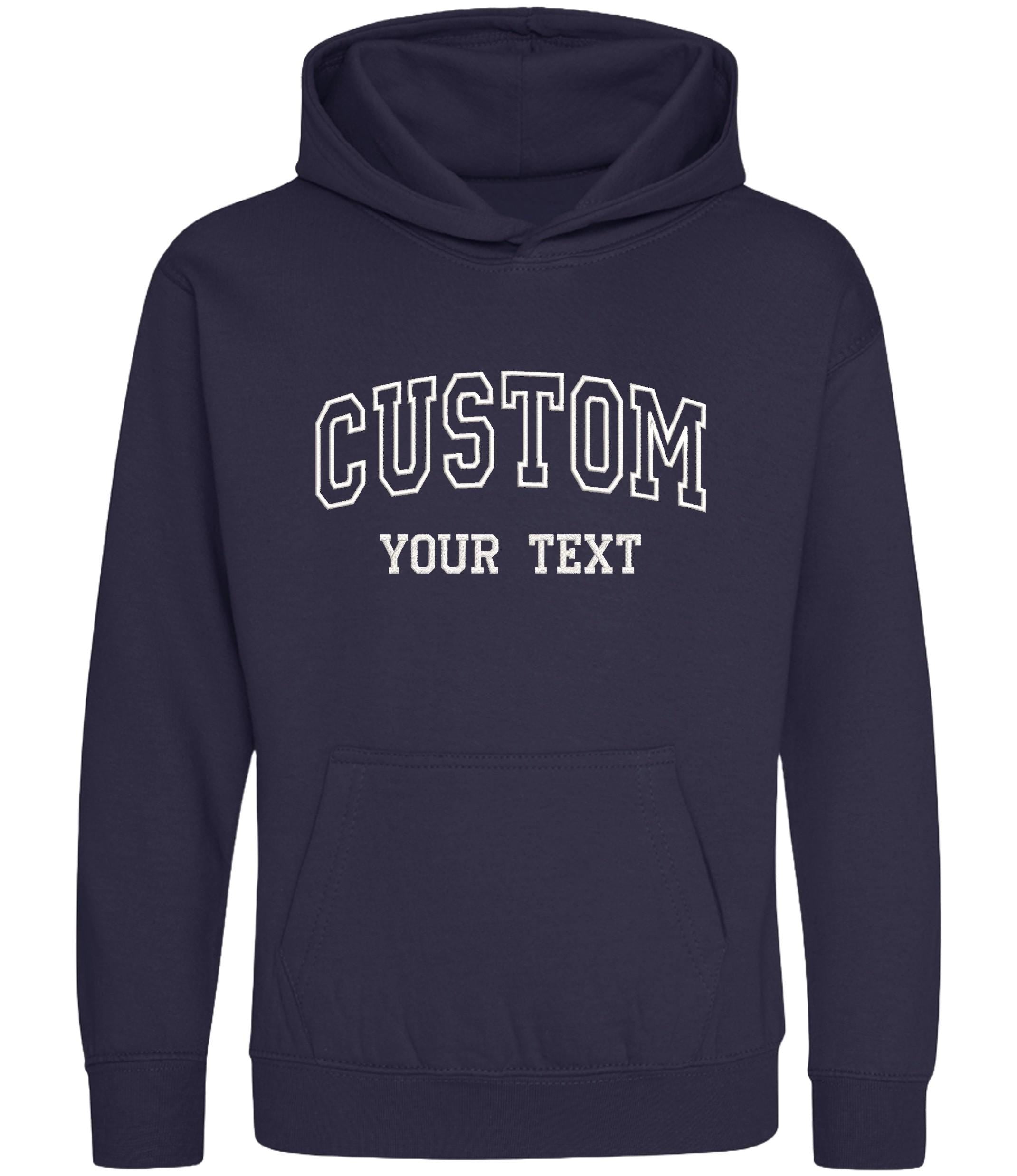 Embroidered Personalised College Varsity Text Hoodie (Kids & Adults Sizes) Custom Name Your Design Girls Boys Ladies Mens