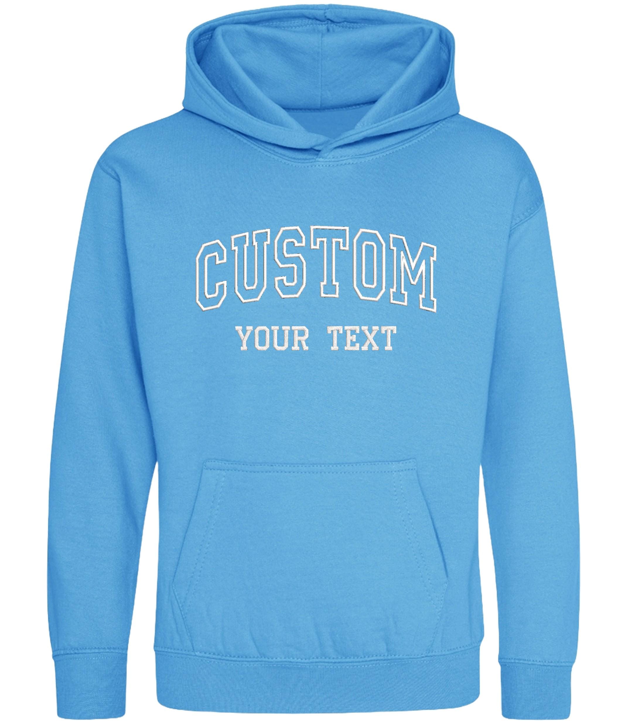 Embroidered Personalised College Varsity Text Hoodie (Kids & Adults Sizes) Custom Name Your Design Girls Boys Ladies Mens