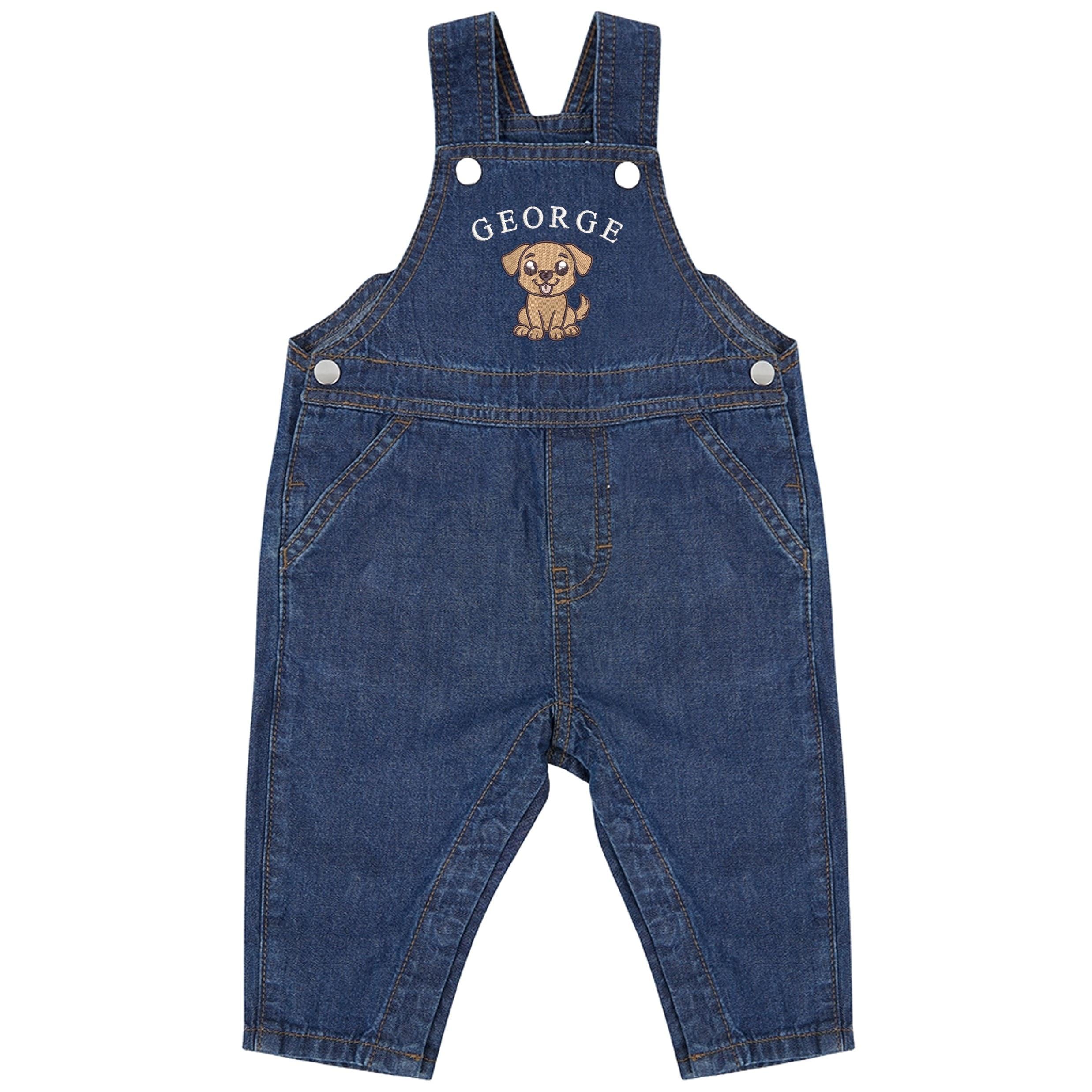 Embroidered Puppy Personalised Name Baby & Toddler Cotton Denim Dungarees Custom Girls Boys