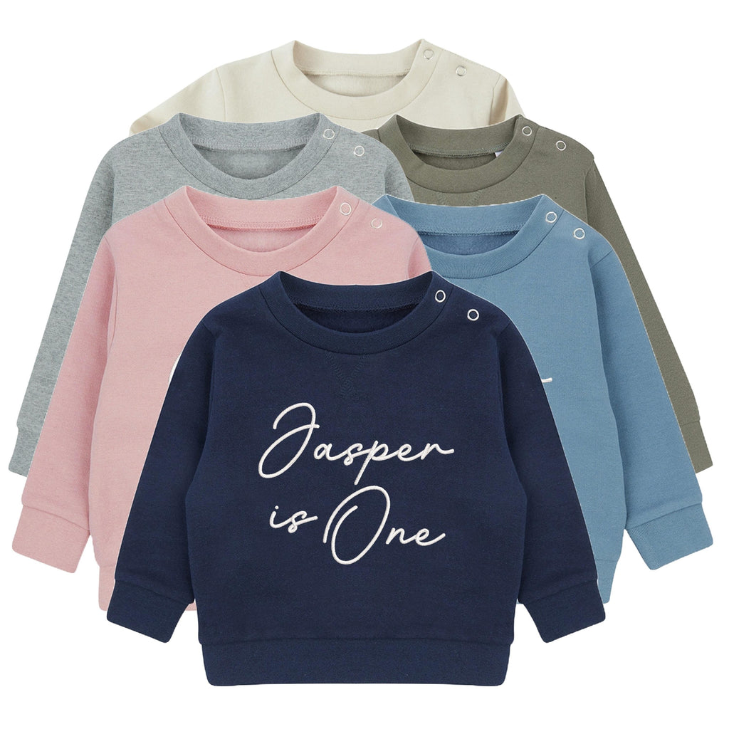 Embroidered Personalised Name Is One Boys & Girls Sustainable Sweatshirts Baby and Toddler Custom Jumper 1st Birthday Gift