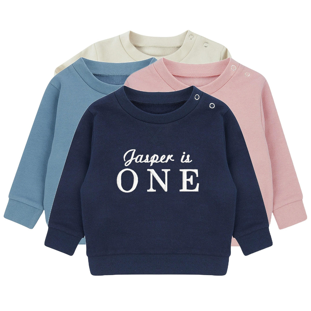 Embroidered Personalised Name Is One Boys & Girls Sustainable Sweatshirts Baby and Toddler Custom Jumper 1st Birthday Gift