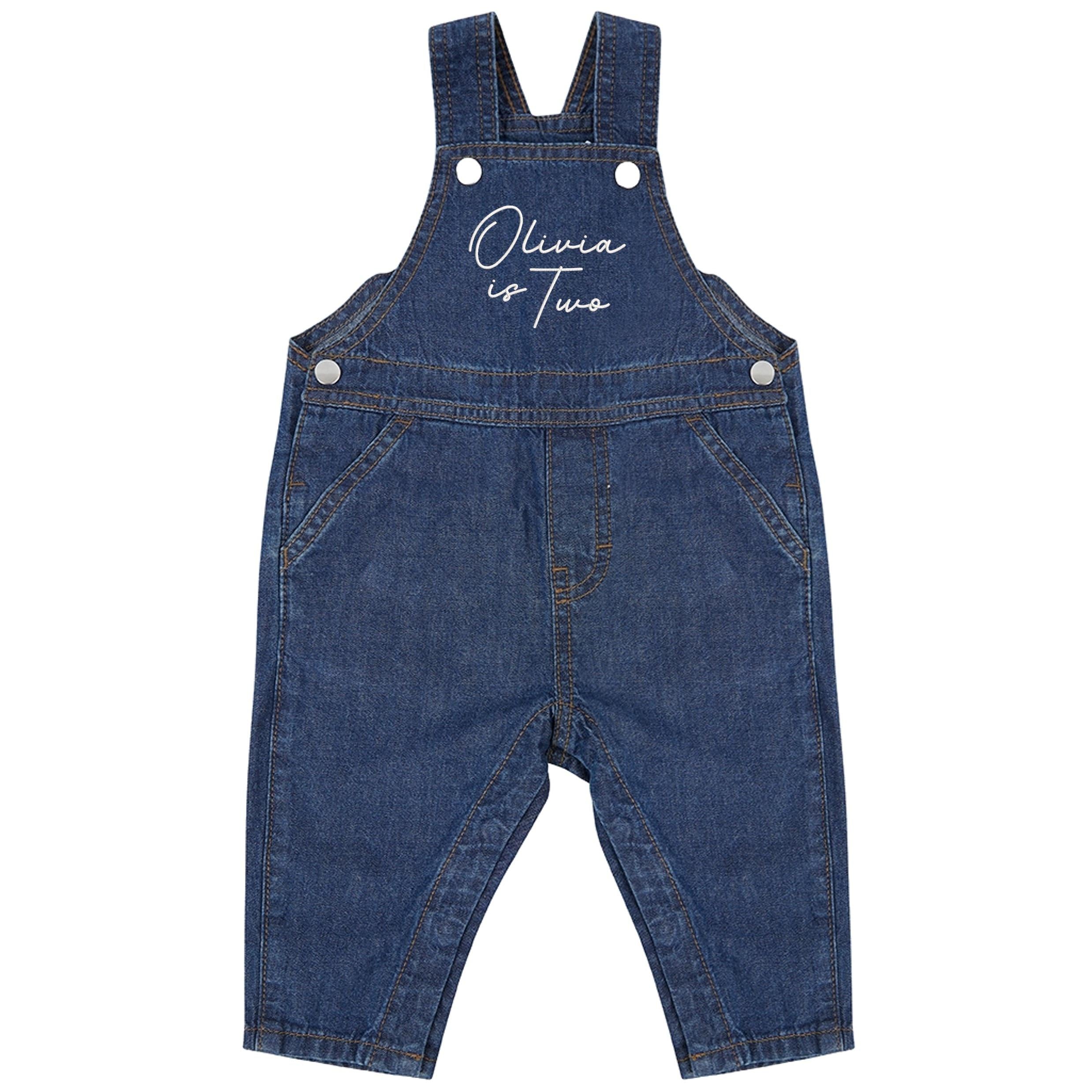 Embroidered Personalised Name Is One Cotton Denim Dungarees Baby & Toddler Girls Boys 1st Birthday Party Outfit Gift
