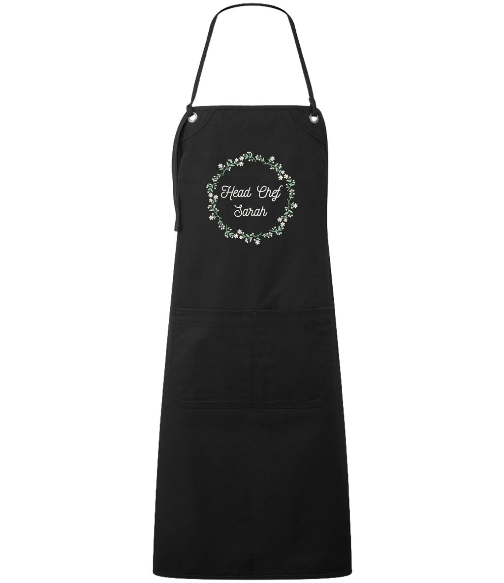 Embroidered Personalised Name Floral Wreath Apron Custom Text Kitchen Baking Gift