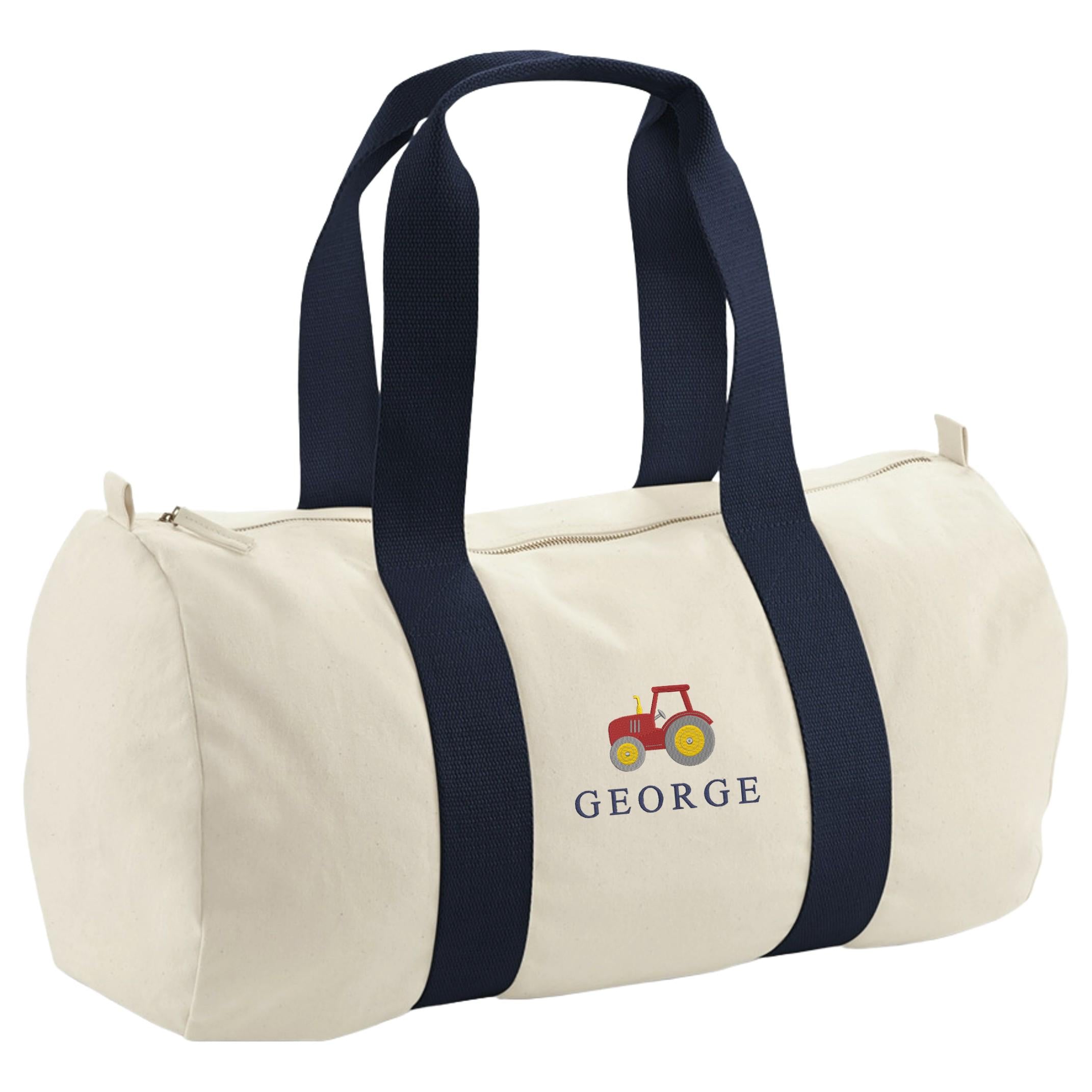 Embroidered Tractor Personalised Name Organic Cotton Barrel Bag Boys Navy Custom Holdall