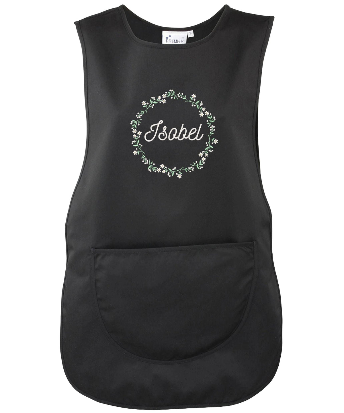 Embroidered Ladies Personalised Text Tabard Apron Floral Wreath Custom Cleaner Hairdresser Beautician Uniform