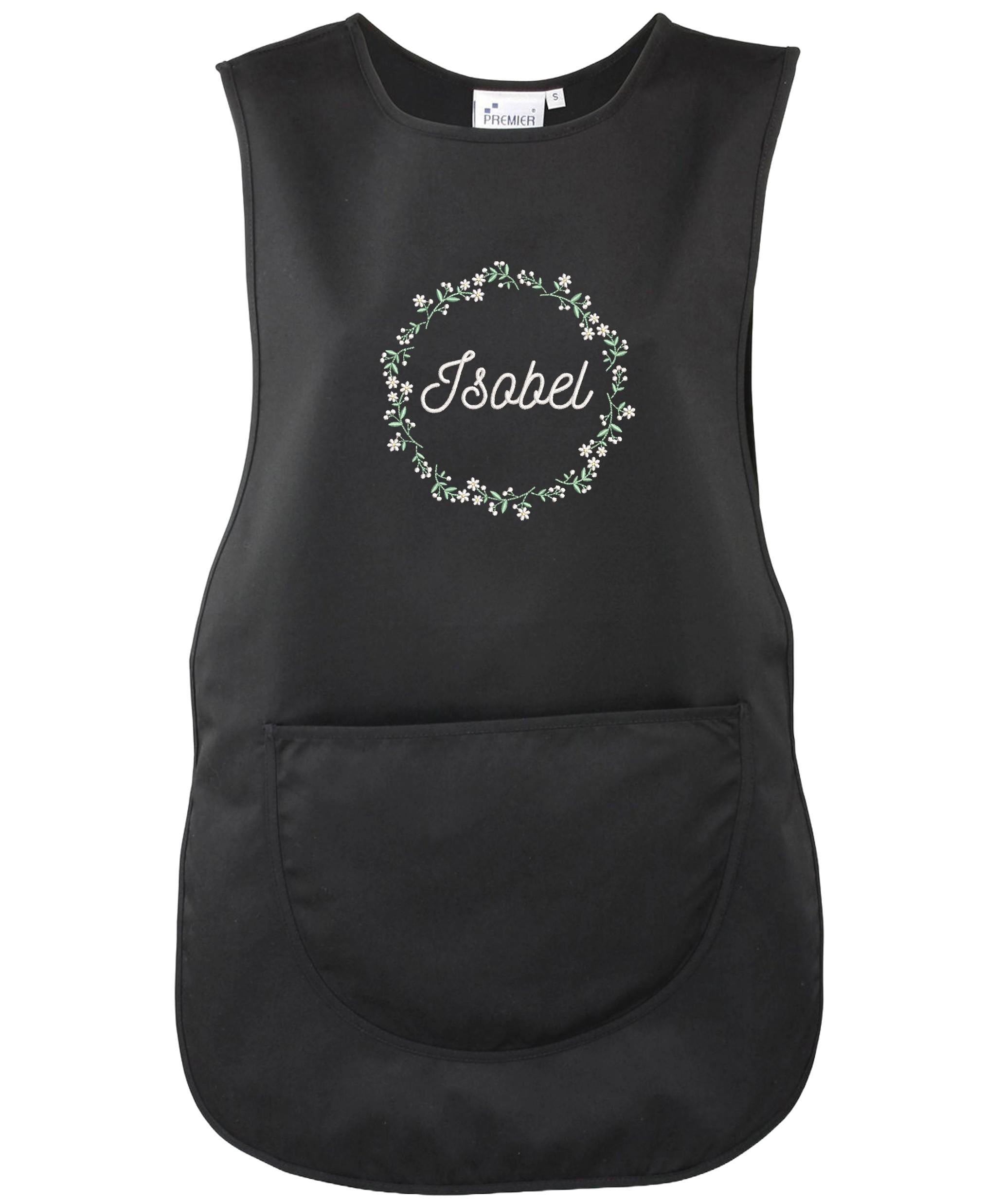 Embroidered Ladies Personalised Text Tabard Apron Floral Wreath Custom Cleaner Hairdresser Beautician Uniform