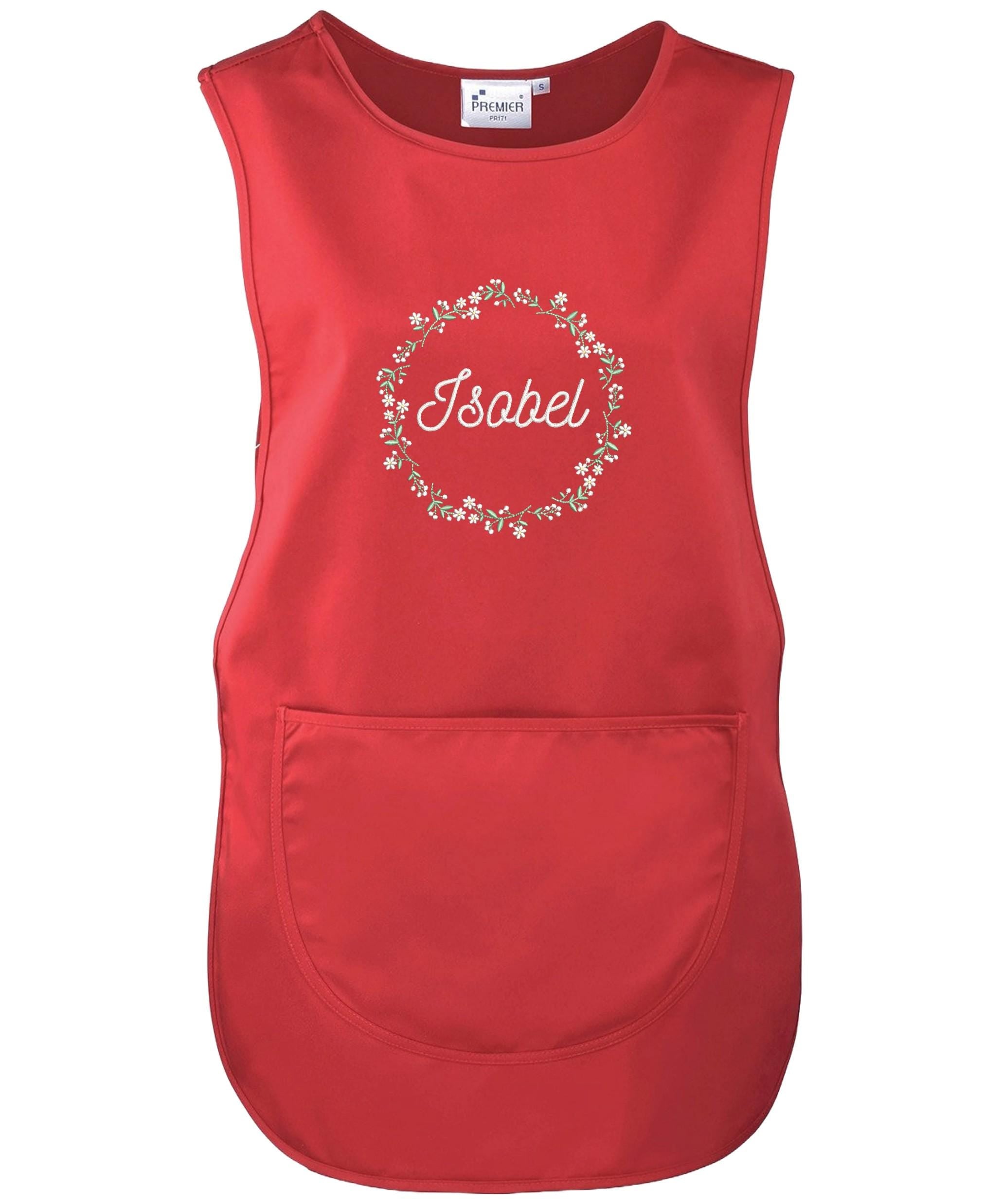 Embroidered Ladies Personalised Text Tabard Apron Floral Wreath Custom Cleaner Hairdresser Beautician Uniform