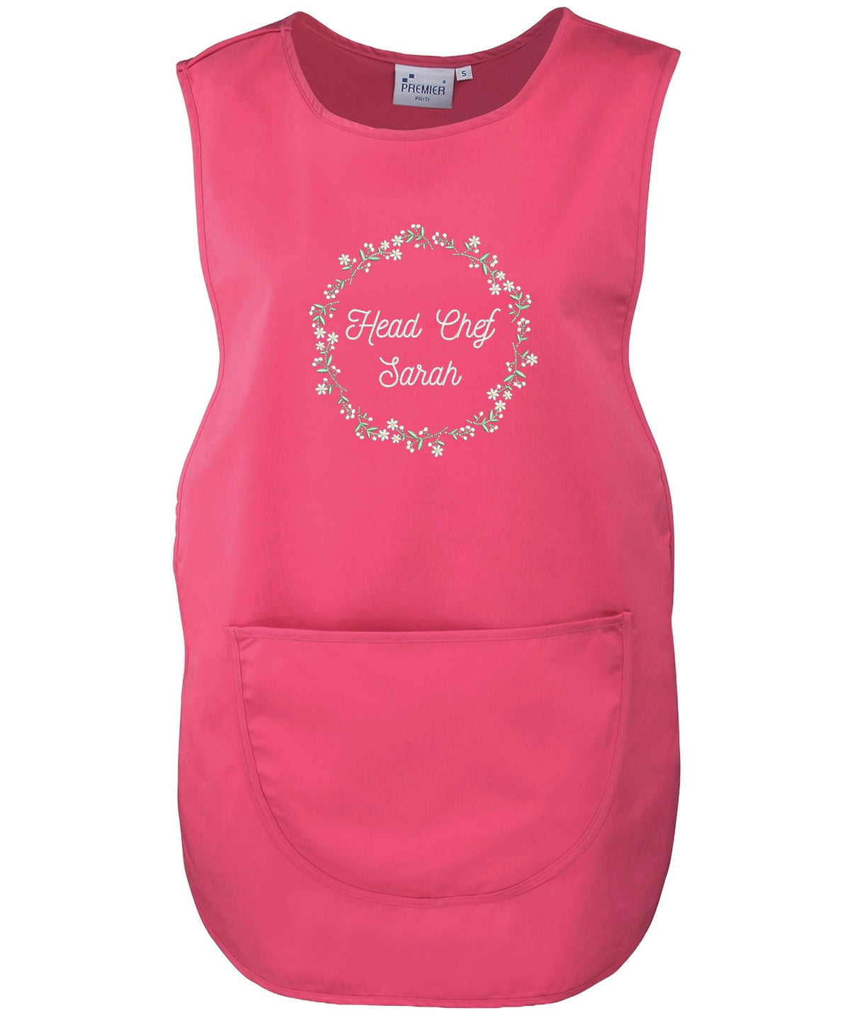 Embroidered Ladies Personalised Text Tabard Apron Floral Wreath Custom Cleaner Hairdresser Beautician Uniform