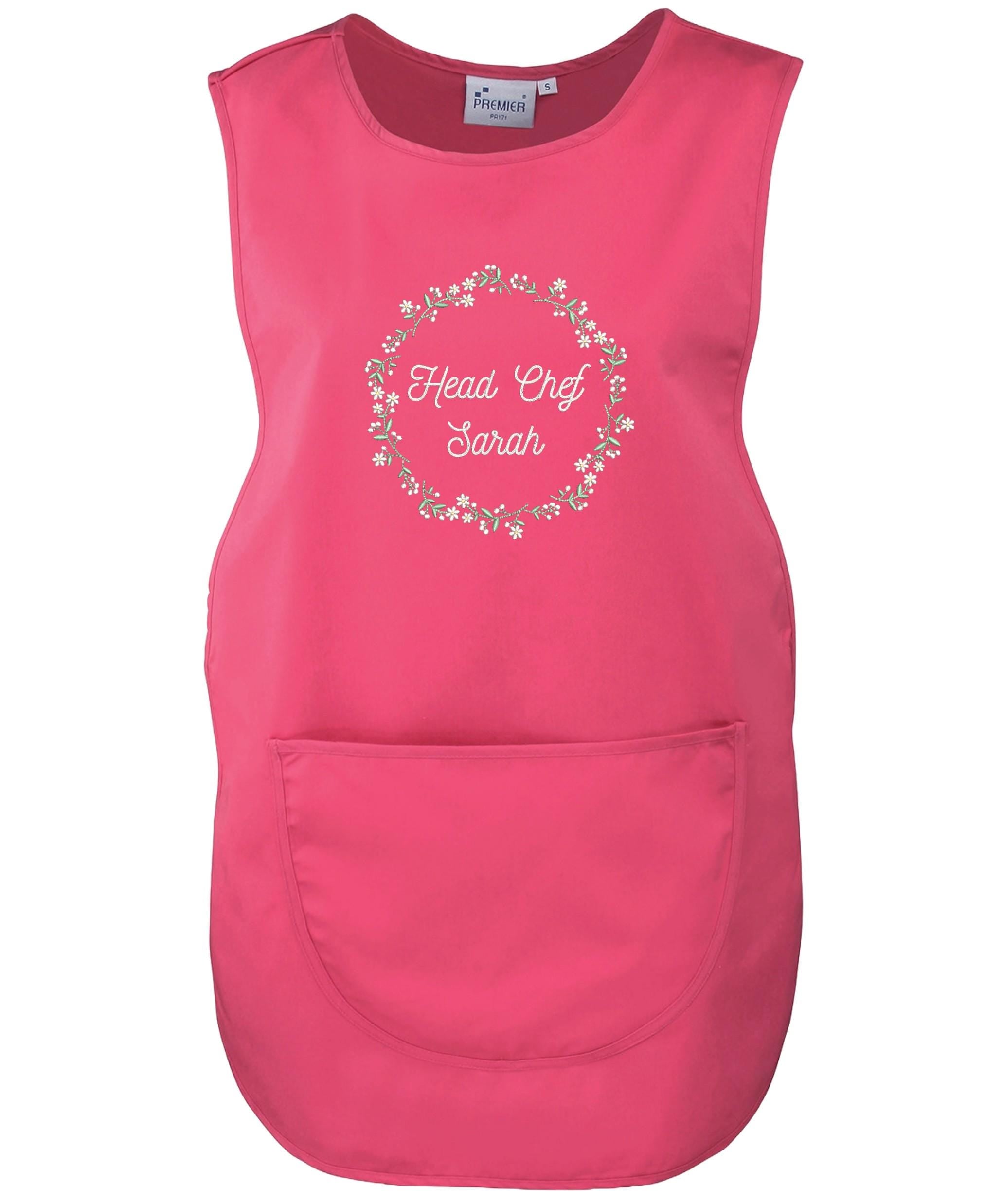 Embroidered Ladies Personalised Text Tabard Apron Floral Wreath Custom Cleaner Hairdresser Beautician Uniform