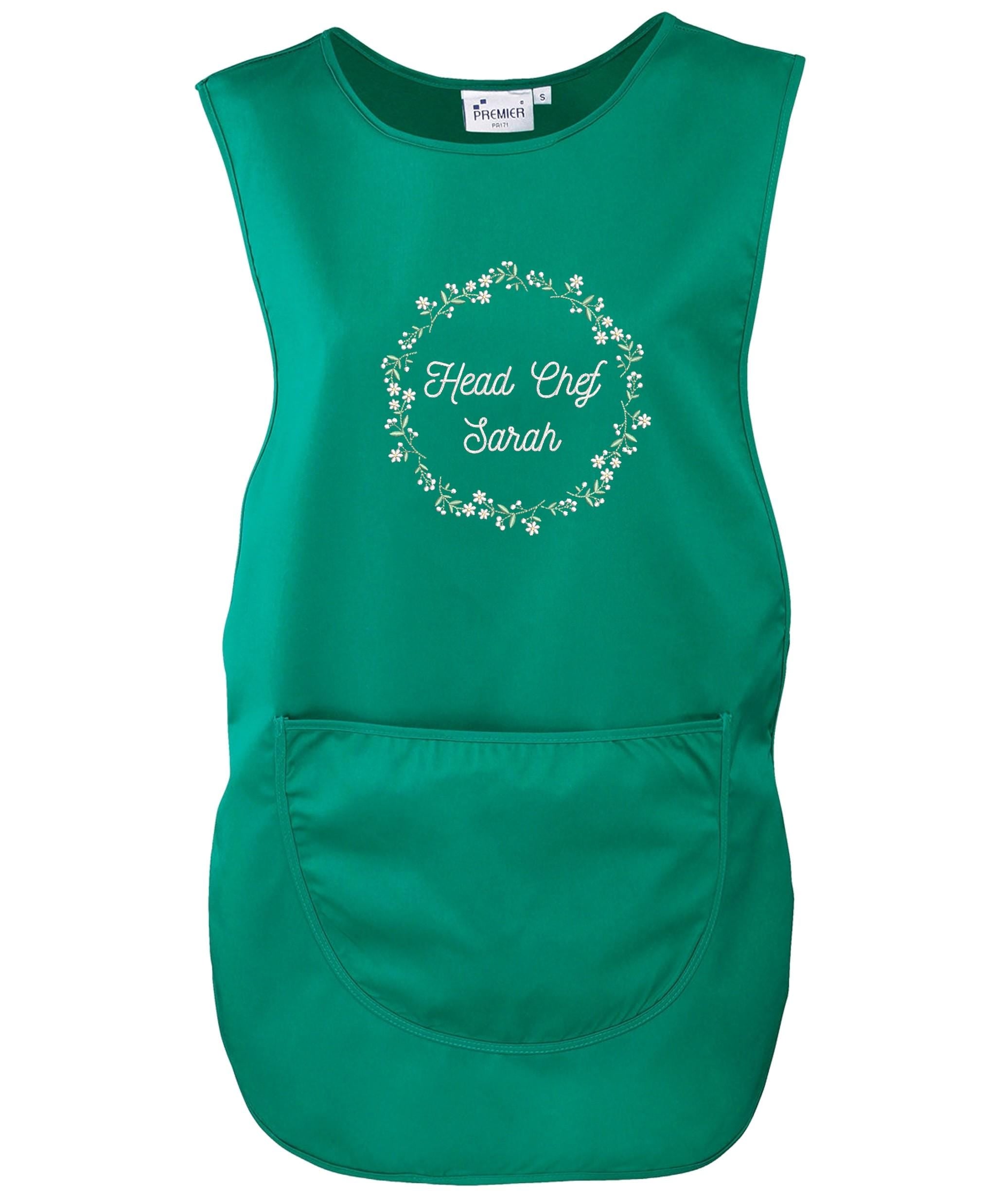 Embroidered Ladies Personalised Text Tabard Apron Floral Wreath Custom Cleaner Hairdresser Beautician Uniform