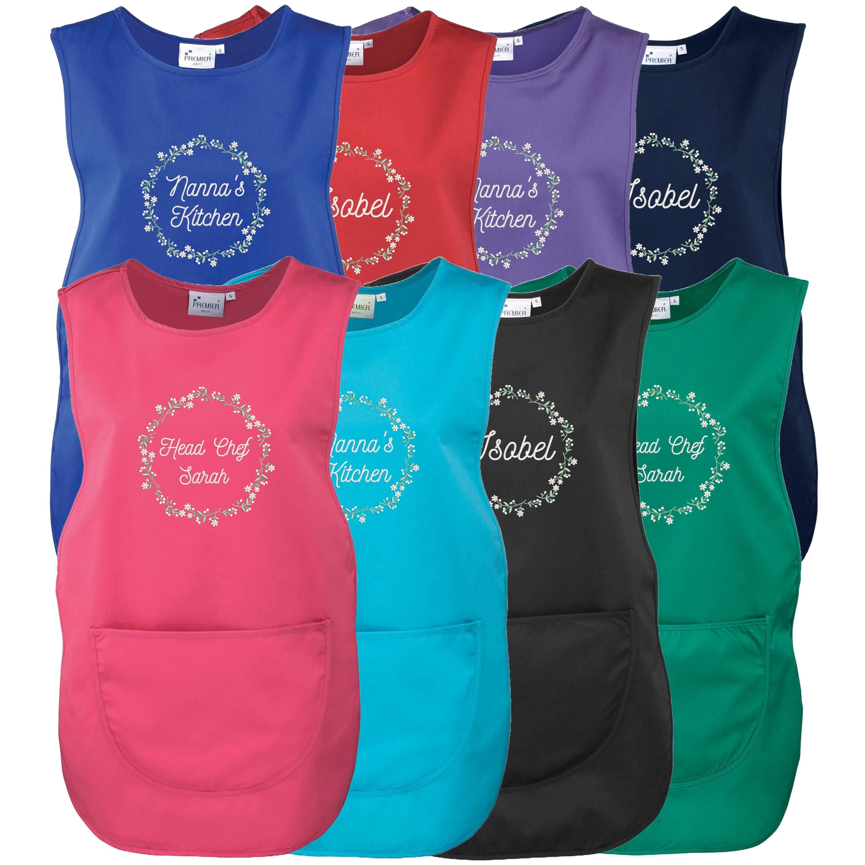Embroidered Ladies Personalised Text Tabard Apron Floral Wreath Custom Cleaner Hairdresser Beautician Uniform