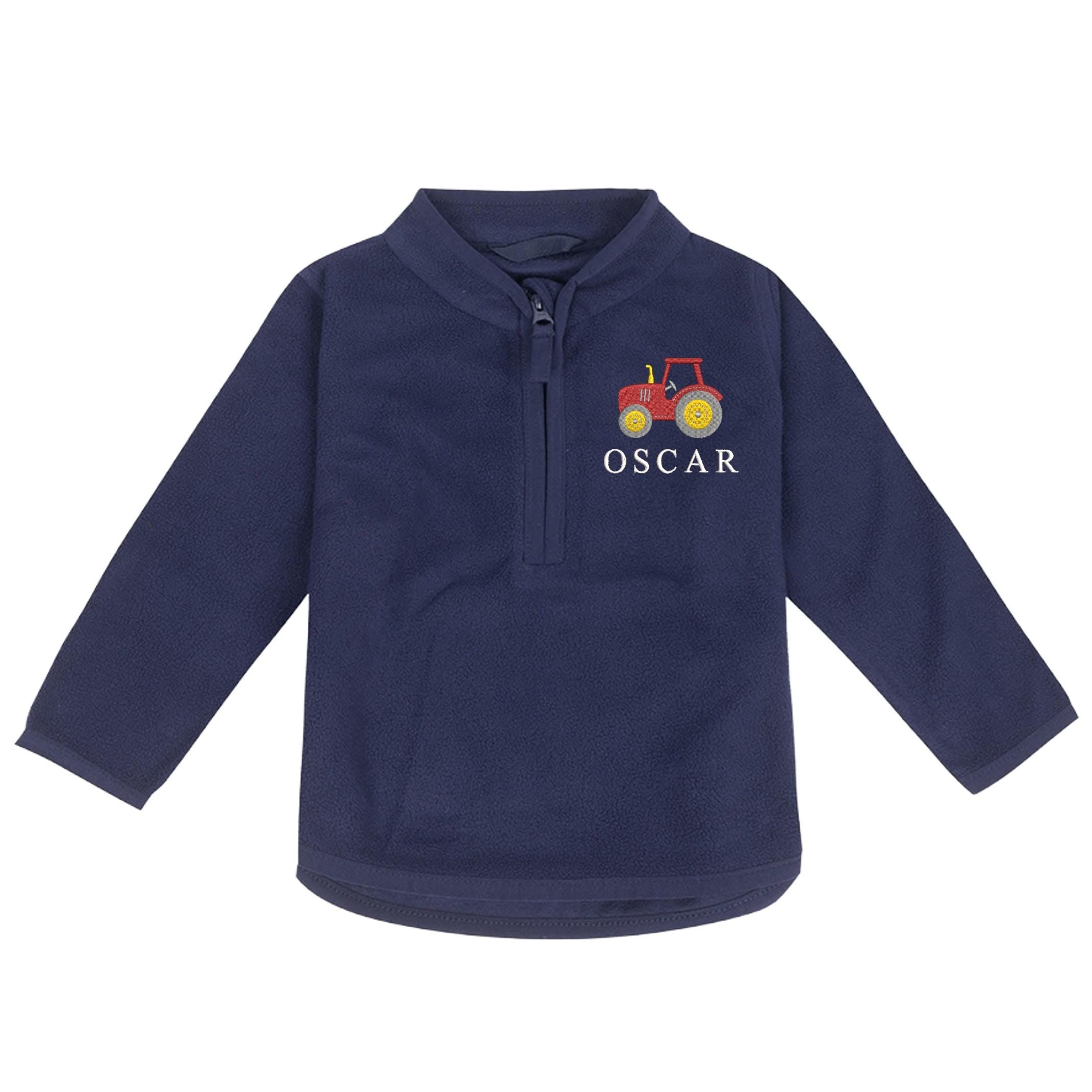 Embroidered Baby & Toddler Tractor Personalised Name Boys Fleece Jacket Navy Kids Custom Text Farm Coat