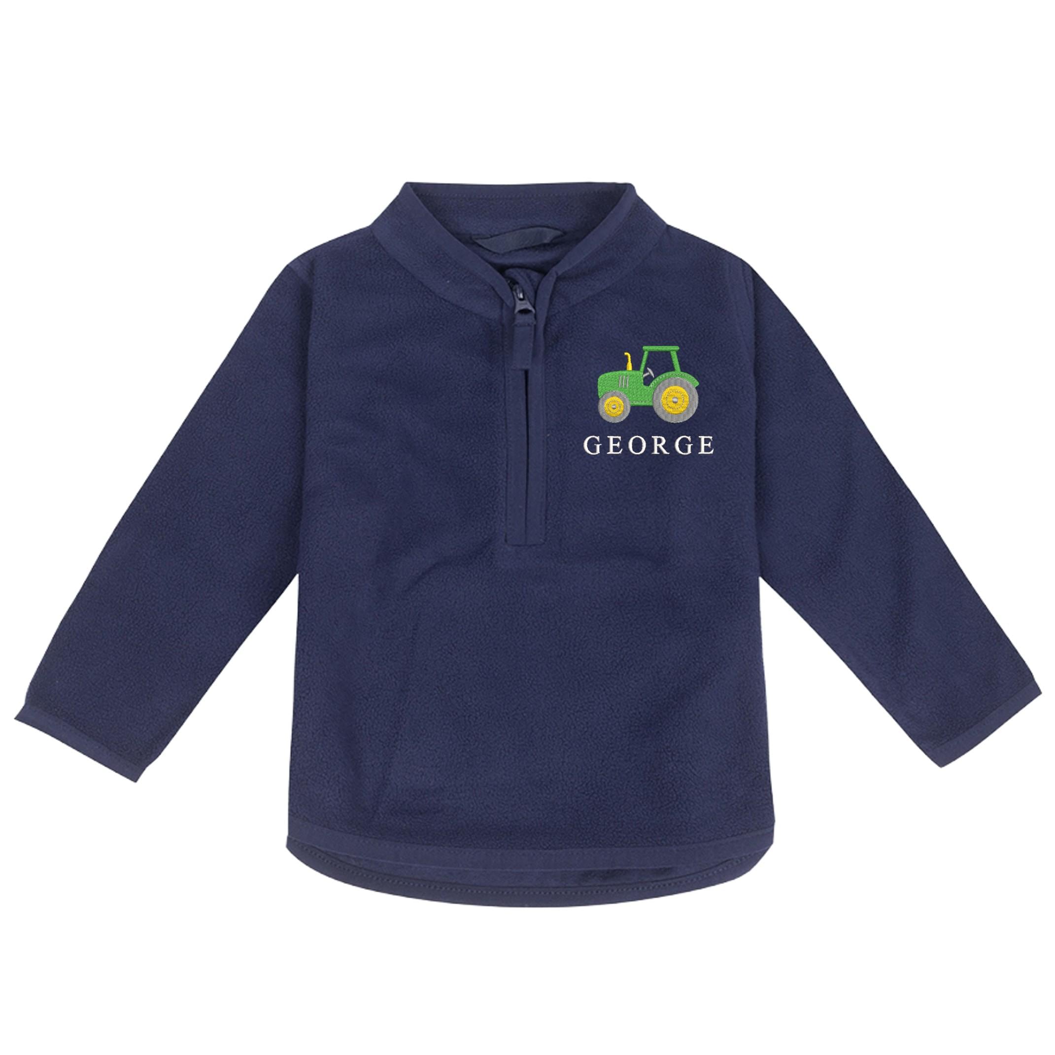 Embroidered Baby & Toddler Tractor Personalised Name Boys Fleece Jacket Navy Kids Custom Text Farm Coat