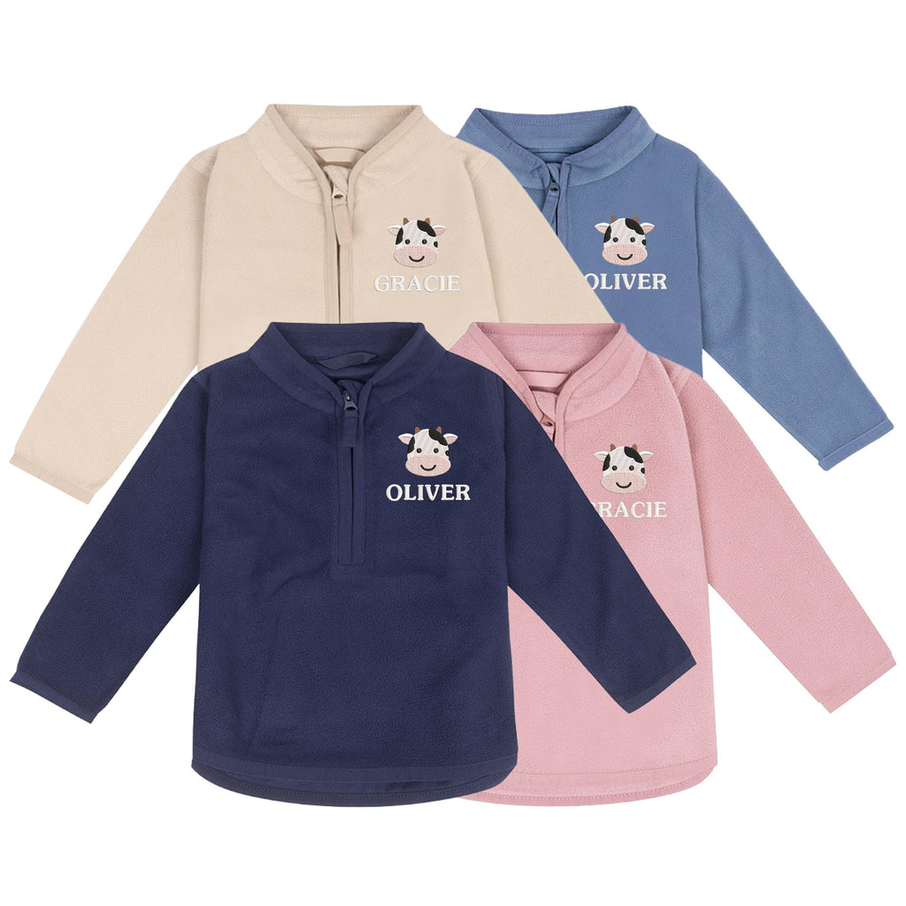 Embroidered Baby & Toddler Personalised Cow Name Fleece Jacket Kids Boys Girls Custom Text Farm Animals