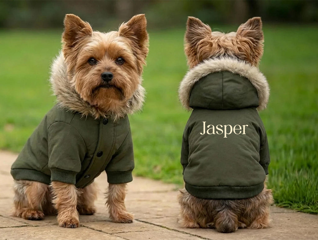 Personalised Dog Parka Jacket - Custom Name Text Thick Winter Coat