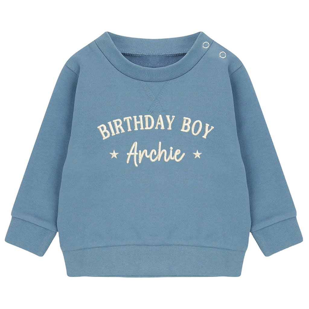 Embroidered Personalised Name Birthday Boy Baby & Toddler Sustainable Sweatshirt Party Outfit