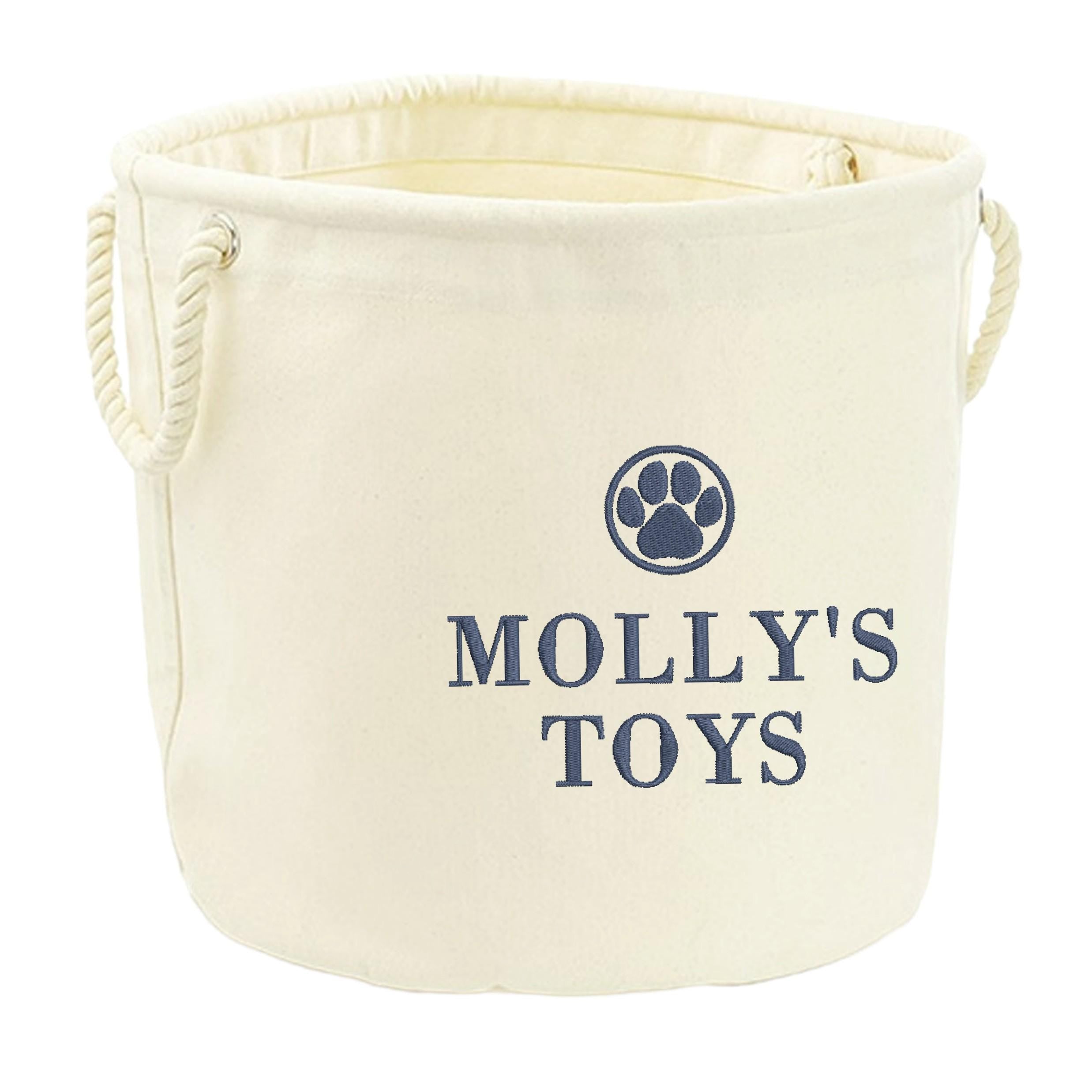 Embroidered Personalised Pet Name Canvas Toy Storage Tub Custom Dog Cat Basket