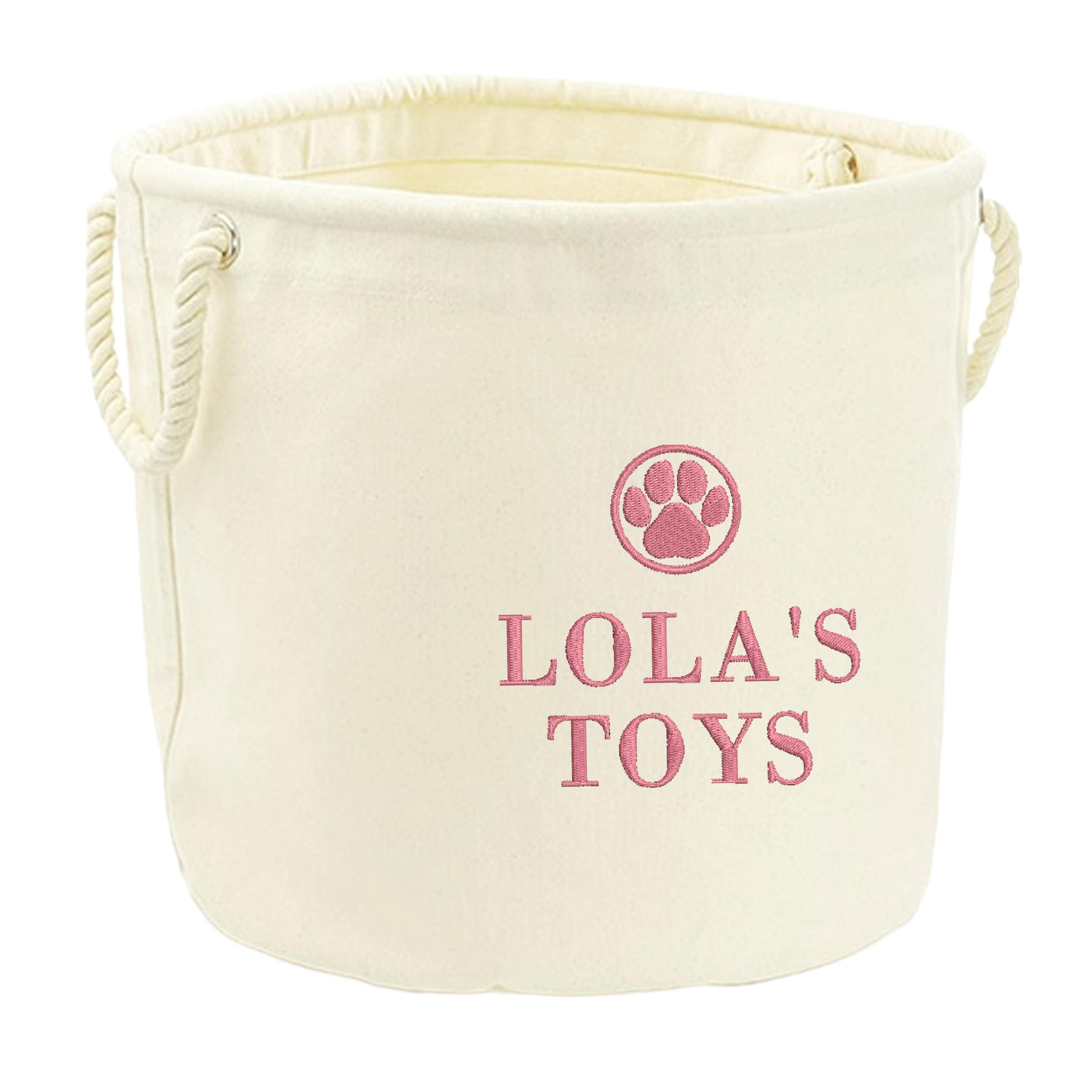 Embroidered Personalised Pet Name Canvas Toy Storage Tub Custom Dog Cat Basket