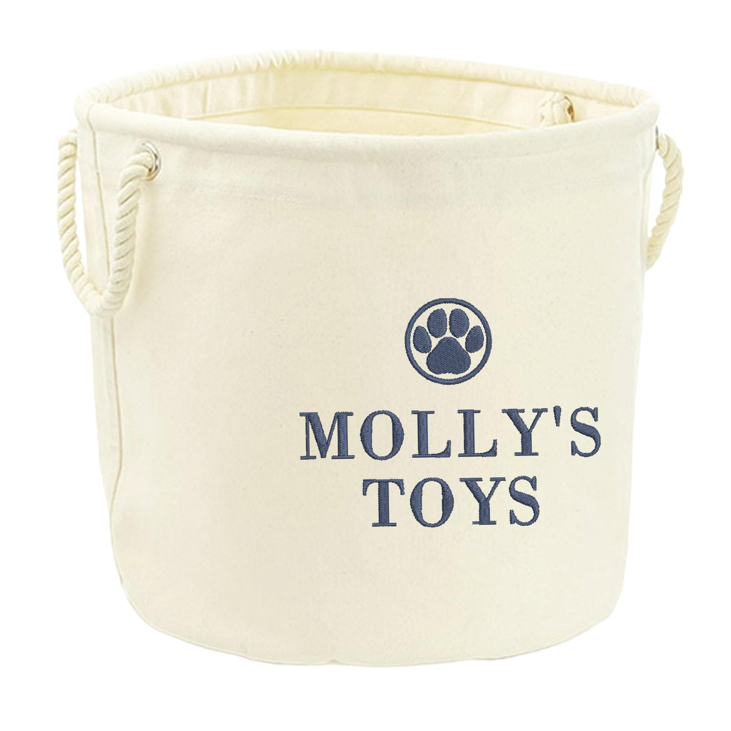 Embroidered Personalised Pet Name Canvas Toy Storage Tub Custom Dog Cat Basket