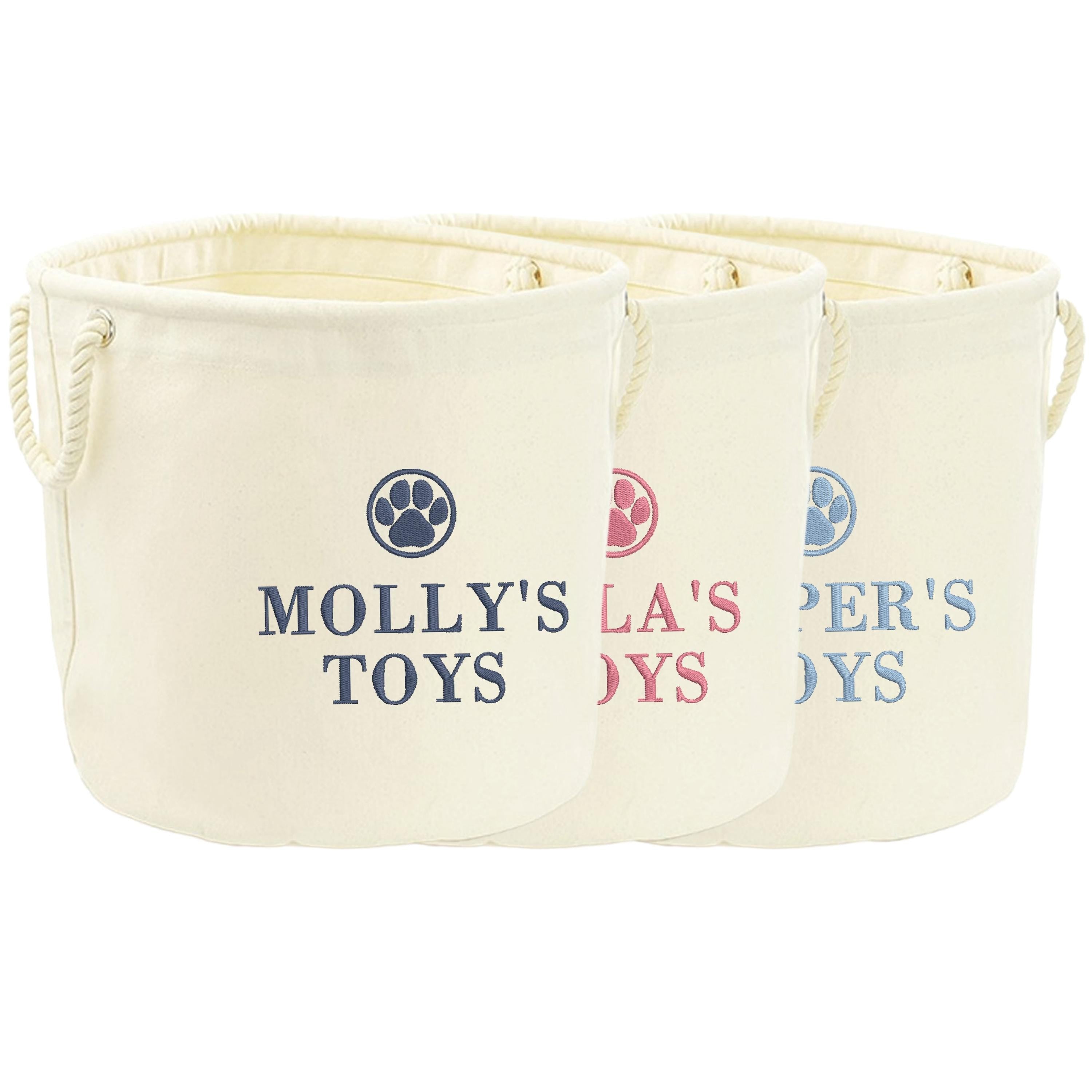 Embroidered Personalised Pet Name Canvas Toy Storage Tub Custom Dog Cat Basket