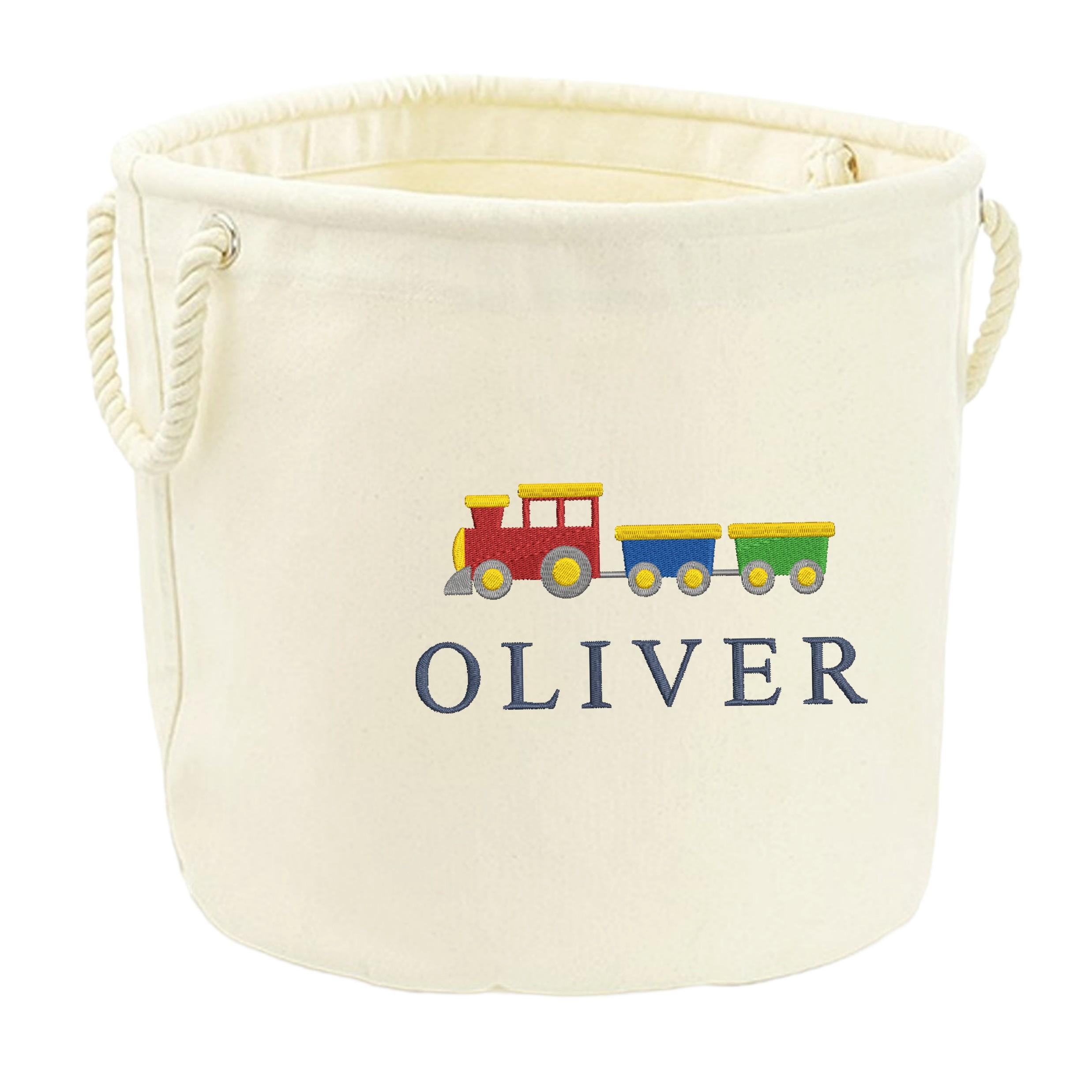 Embroidered Train Personalised Name Canvas Toy Storage Tub Custom Boys Nursery Bedroom Decor Basket