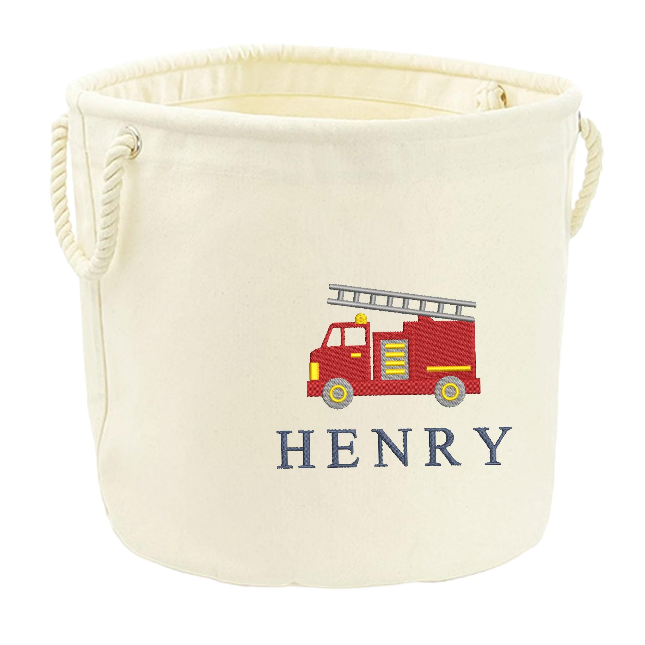 Embroidered Fire Engine Truck Personalised Name Canvas Toy Storage Tub Custom Boys Nursery Bedroom Decor Basket