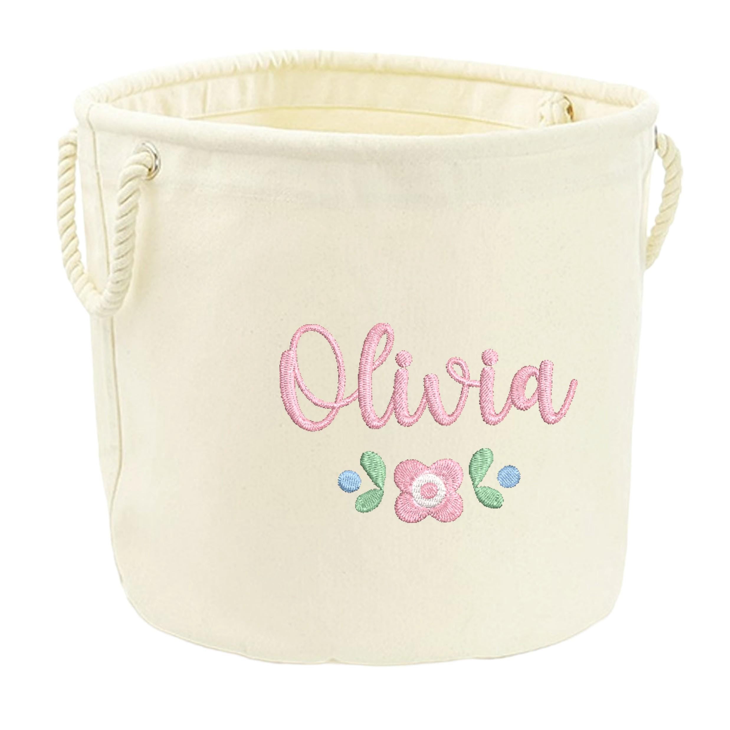 Embroidered Pink Floral Personalised Name Canvas Toy Storage Tub Custom Girls Nursery Bedroom Decor Basket