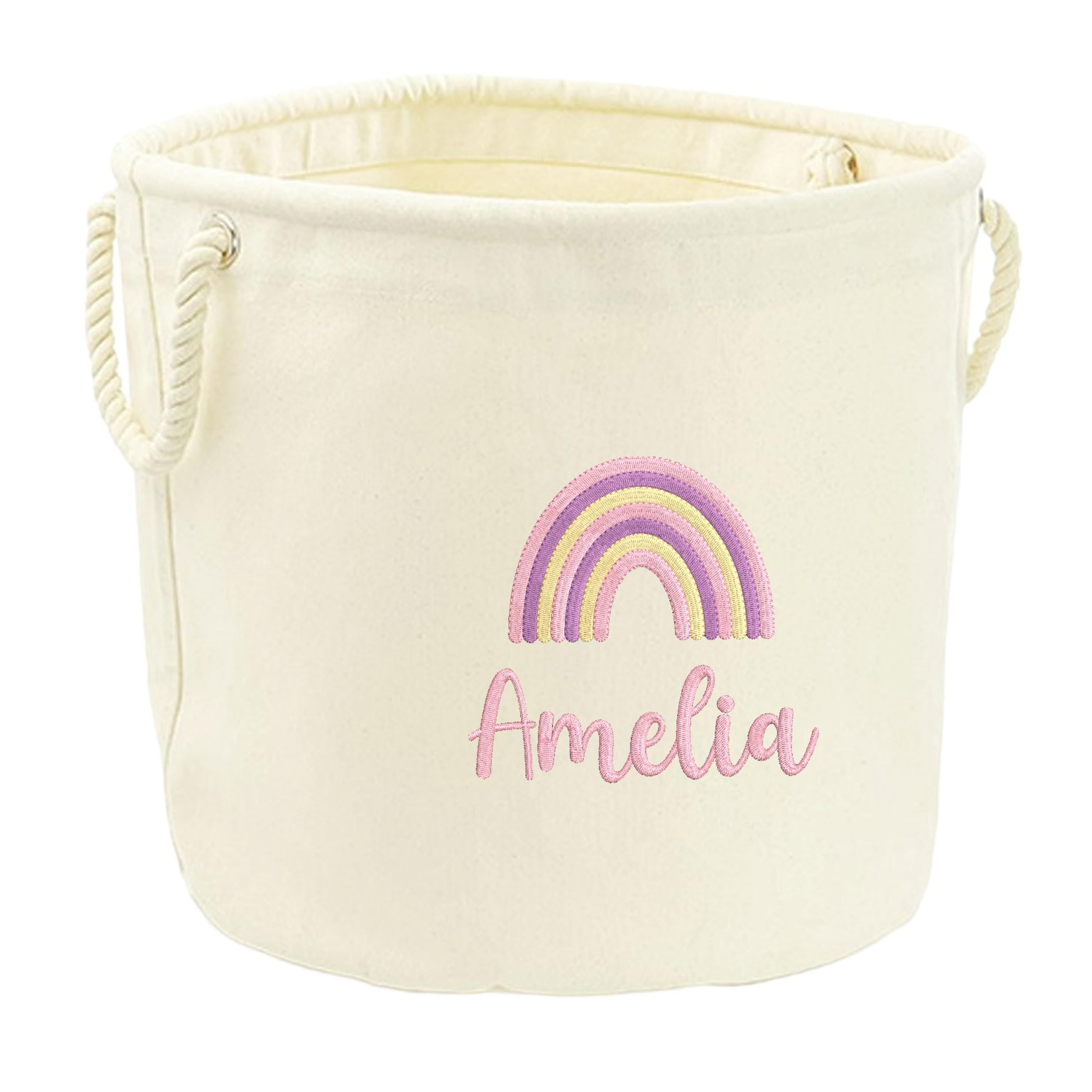 Embroidered Pink Rainbow Personalised Name Canvas Toy Storage Tub Custom Girls Nursery Bedroom Decor Basket