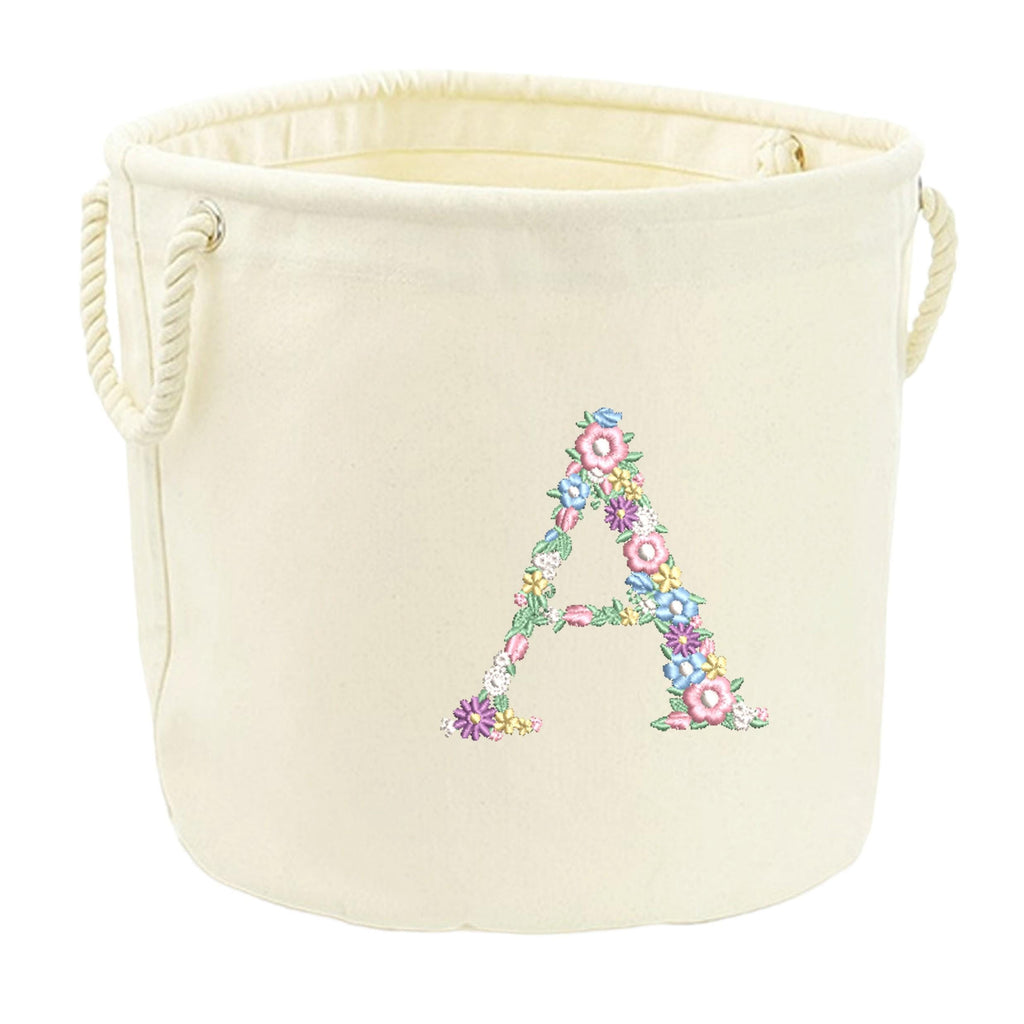 Embroidered Pink Floral Initial Personalised Name Canvas Toy Storage Tub Custom Girls Nursery Bedroom Decor Basket