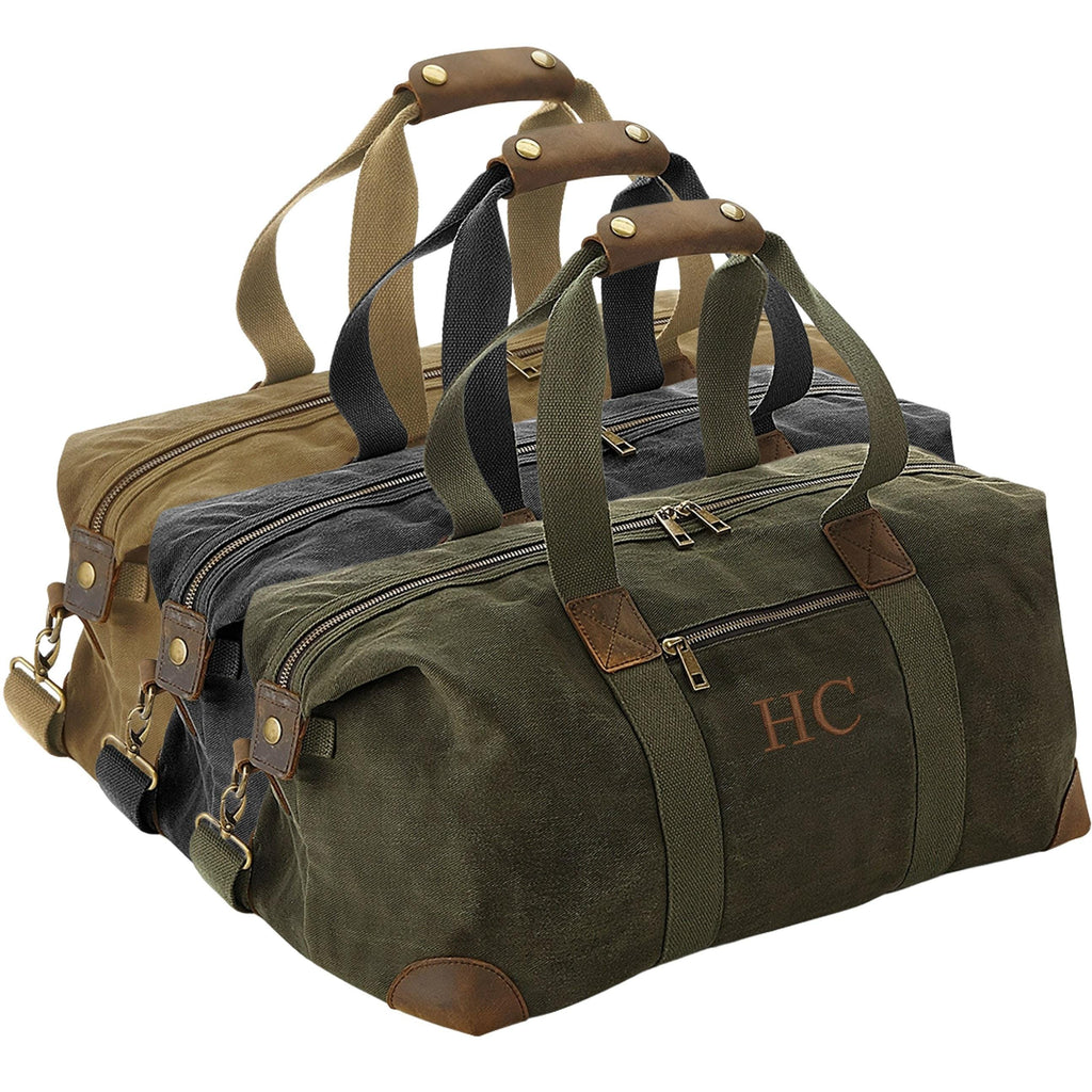 Embroidered Personalised Initials Monogram Waxed Canvas Holdall Weekend Overnighter Bag