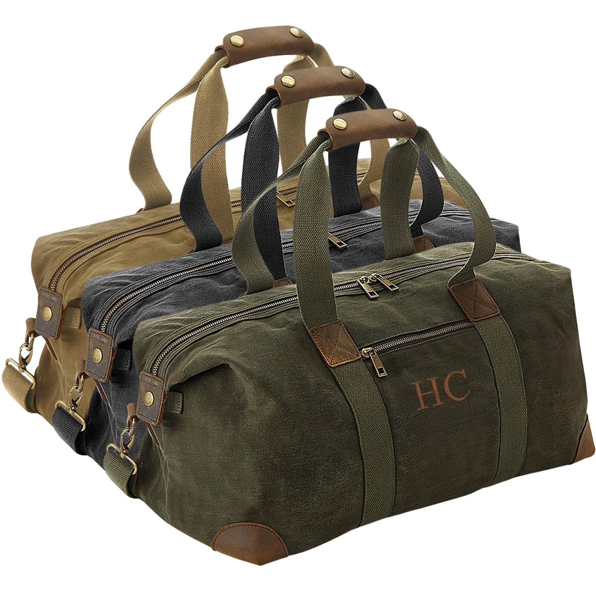 Embroidered Personalised Initials Monogram Waxed Canvas Holdall Weekend Overnighter Bag