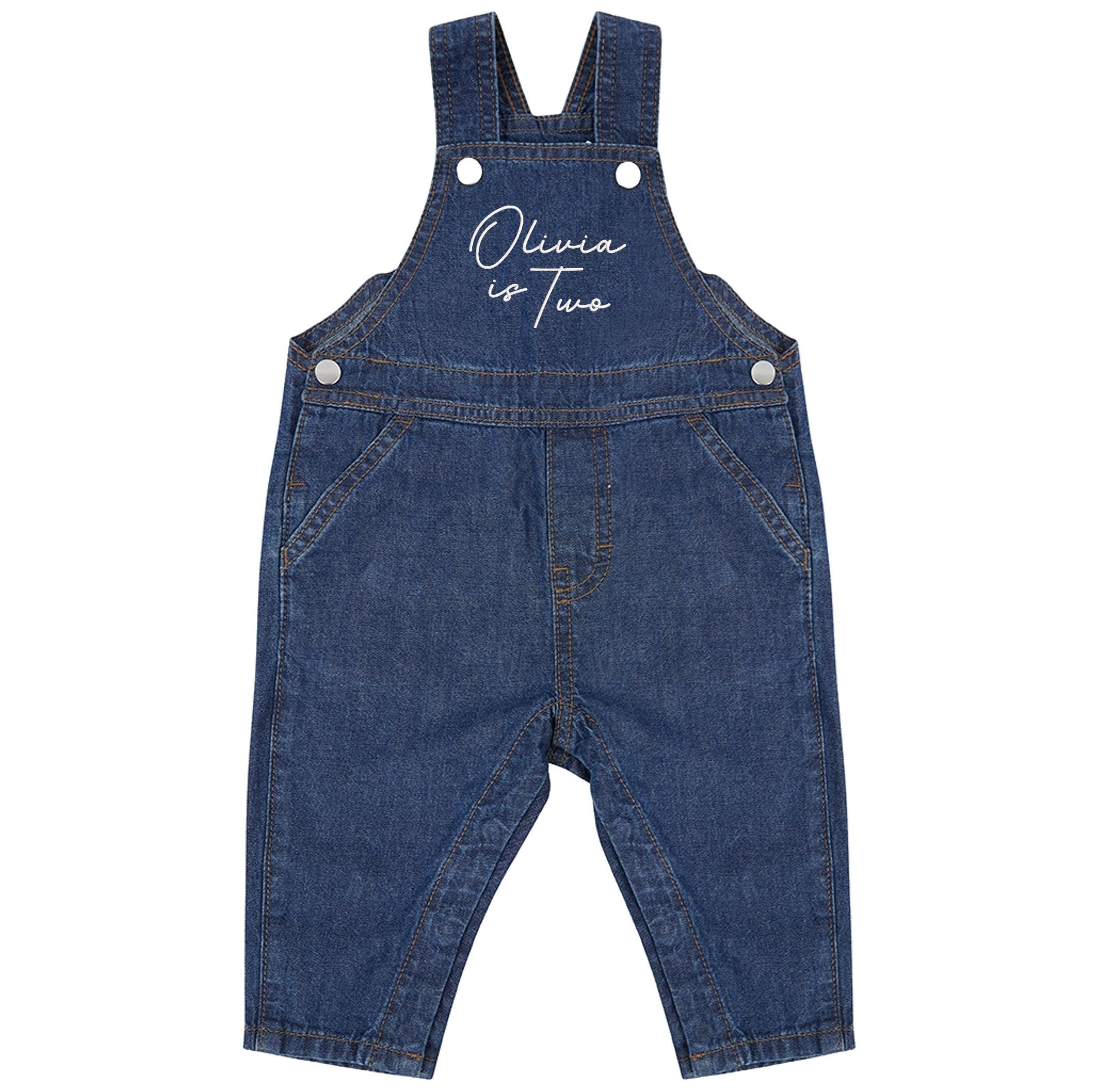 Embroidered Personalised Name Is One Cotton Denim Dungarees Baby & Toddler Girls Boys 1st Birthday Party Outfit Gift