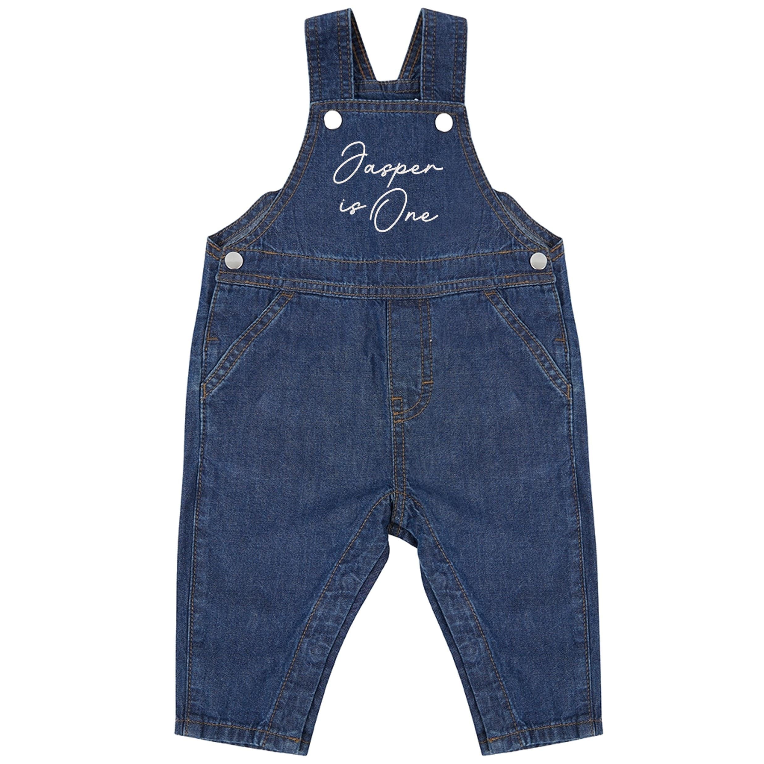 Embroidered Personalised Name Is One Cotton Denim Dungarees Baby & Toddler Girls Boys 1st Birthday Party Outfit Gift