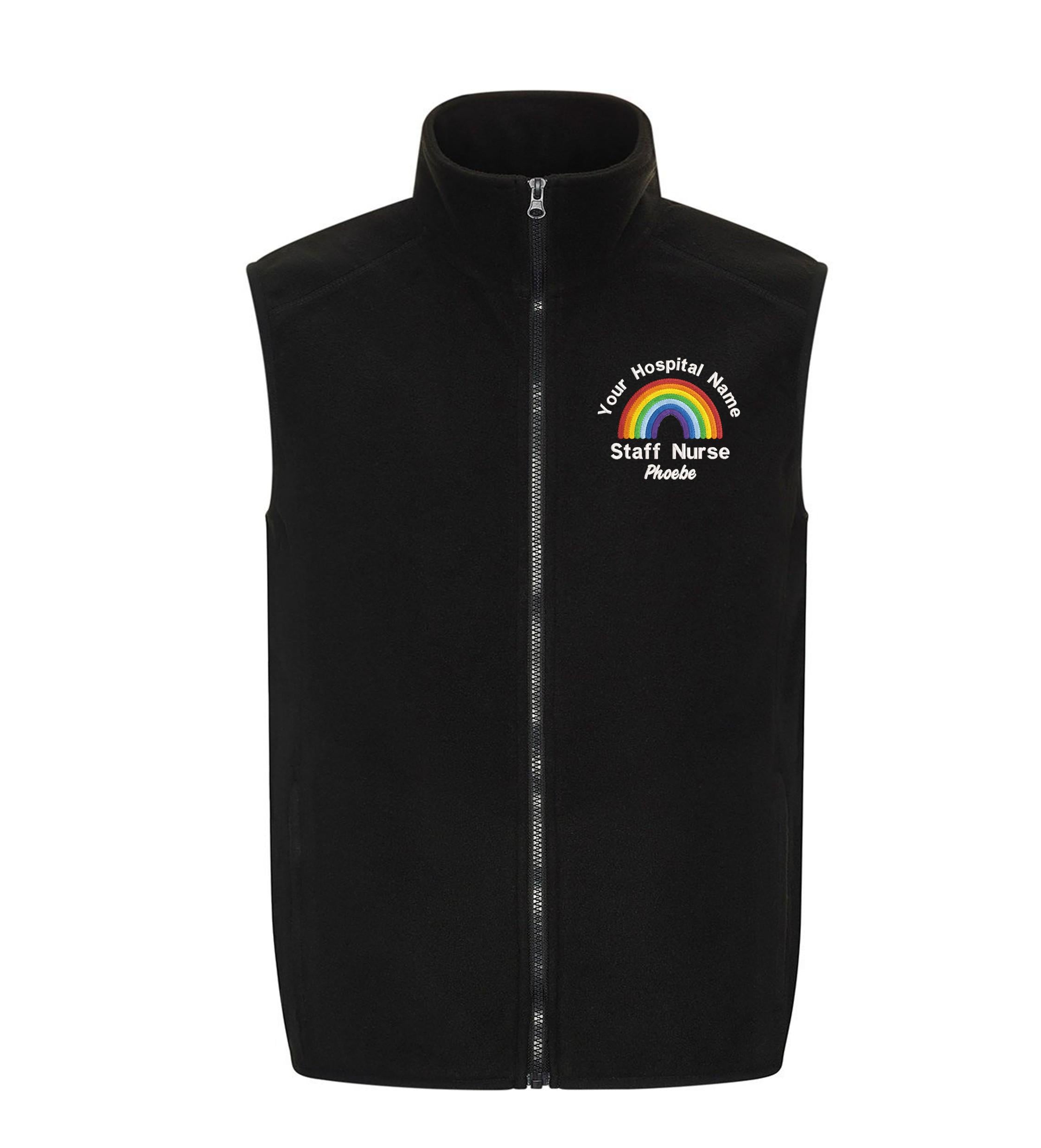 Embroidered Personalised Rainbow Fleece Bodywarmer Custom Uniform Hospital Staff Name Department Student Nurse Fleece