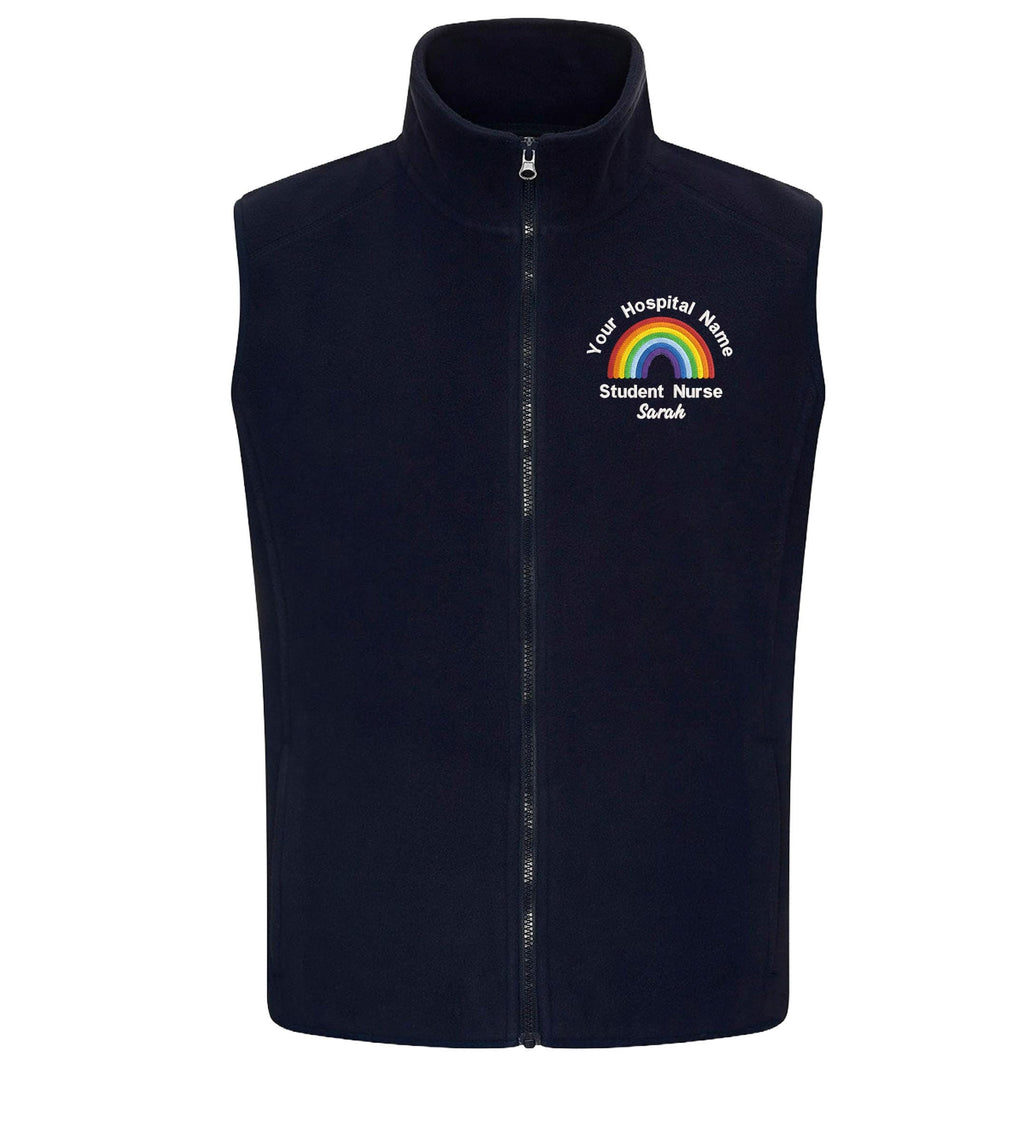 Embroidered Personalised Rainbow Fleece Bodywarmer Custom Uniform Hospital Staff Name Department Student Nurse Fleece