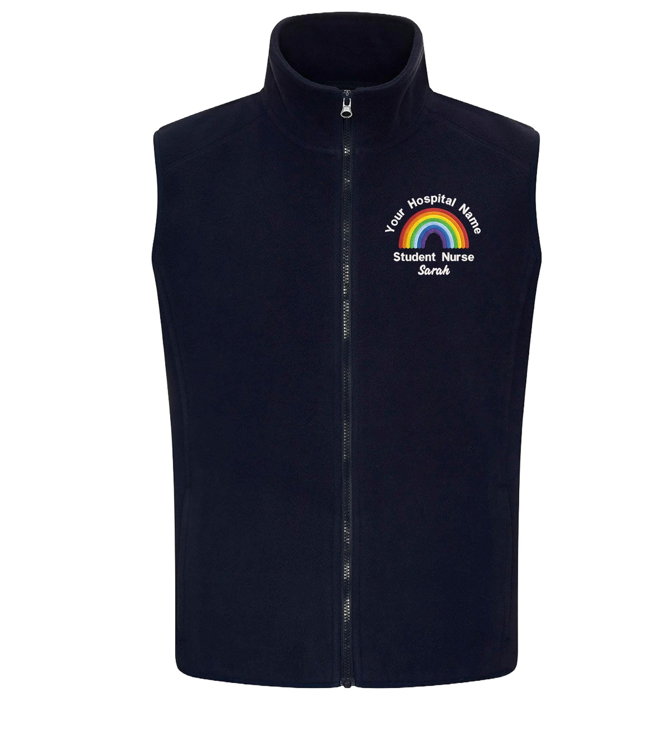 Embroidered Personalised Rainbow Fleece Bodywarmer Custom Uniform Hospital Staff Name Department Student Nurse Fleece