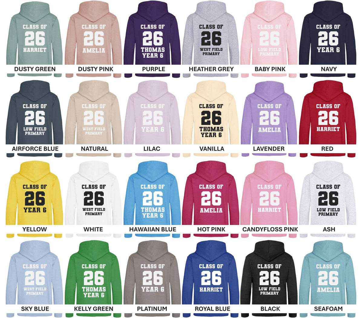 Personalised Class Of 26 Hoodies (Kids & Adults Sizes) Custom Name Text Leavers Primary Junior Year 6 Secondary School College University