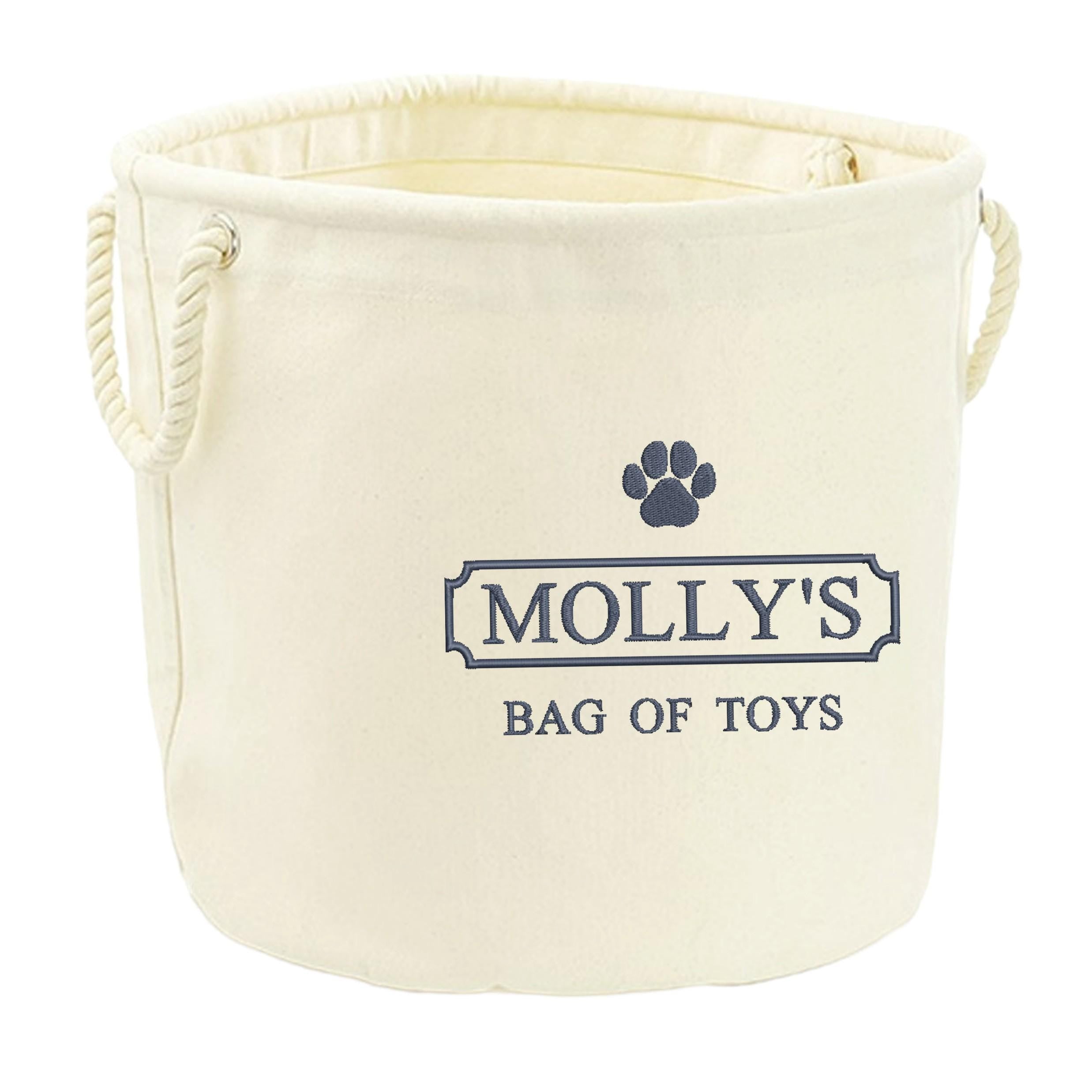 Embroidered Personalised Pet Name Canvas Toy Storage Tub Custom Dog Cat Basket