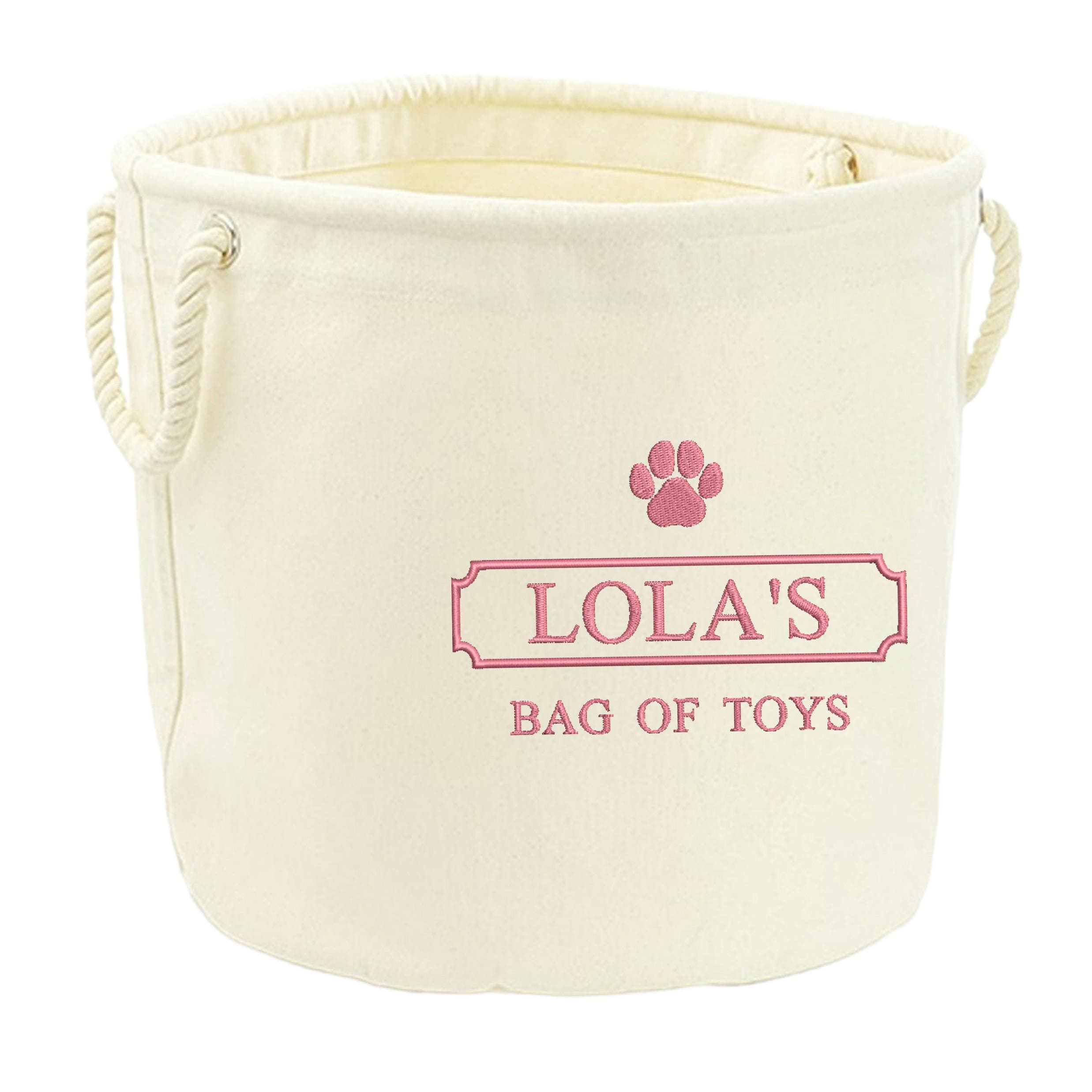 Embroidered Personalised Pet Name Canvas Toy Storage Tub Custom Dog Cat Basket