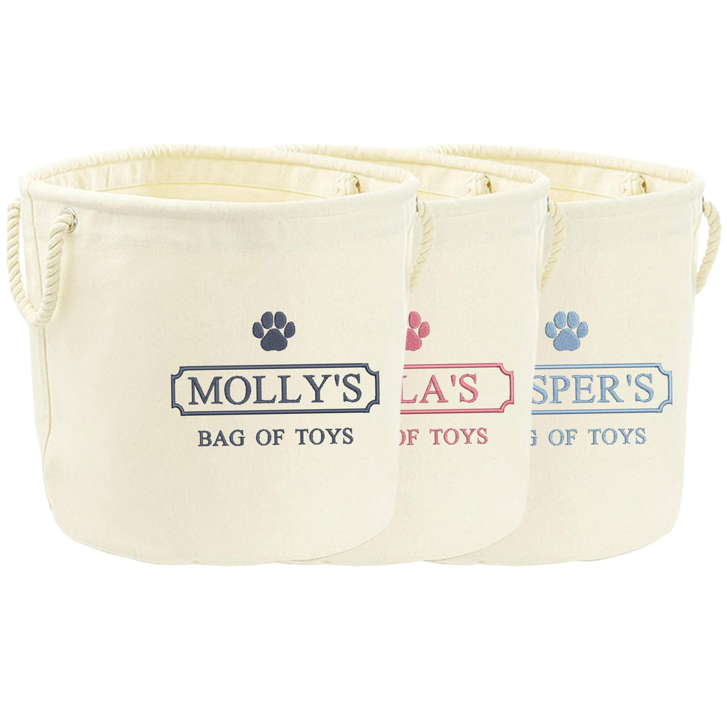Embroidered Personalised Pet Name Canvas Toy Storage Tub Custom Dog Cat Basket