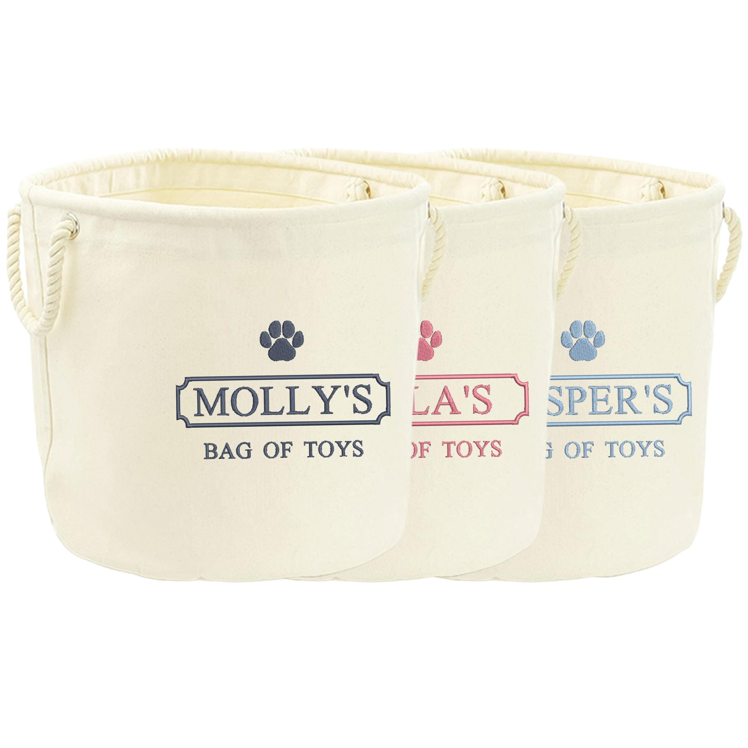 Embroidered Personalised Pet Name Canvas Toy Storage Tub Custom Dog Cat Basket