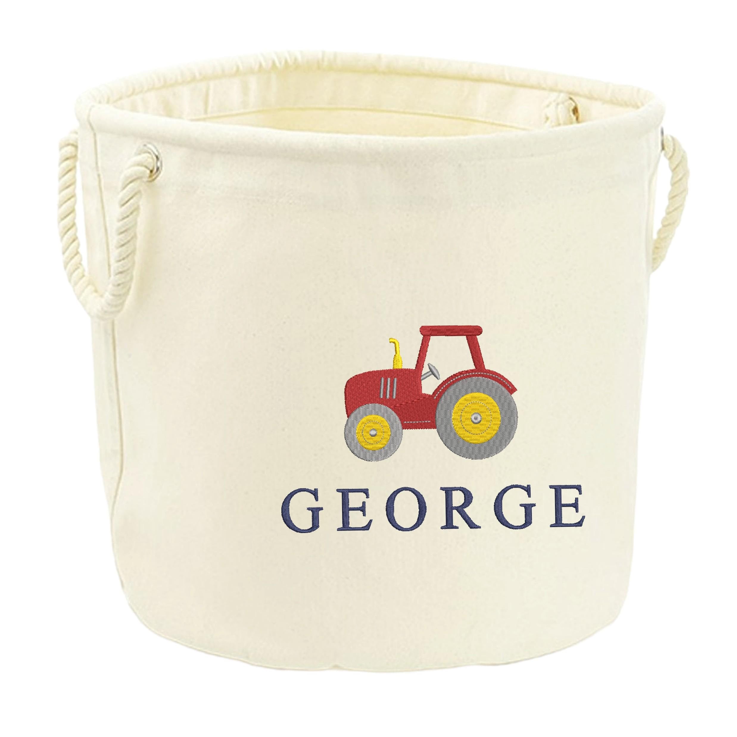 Embroidered Tractor Personalised Name Canvas Toy Storage Tub Custom Boys Nursery Bedroom Decor Basket