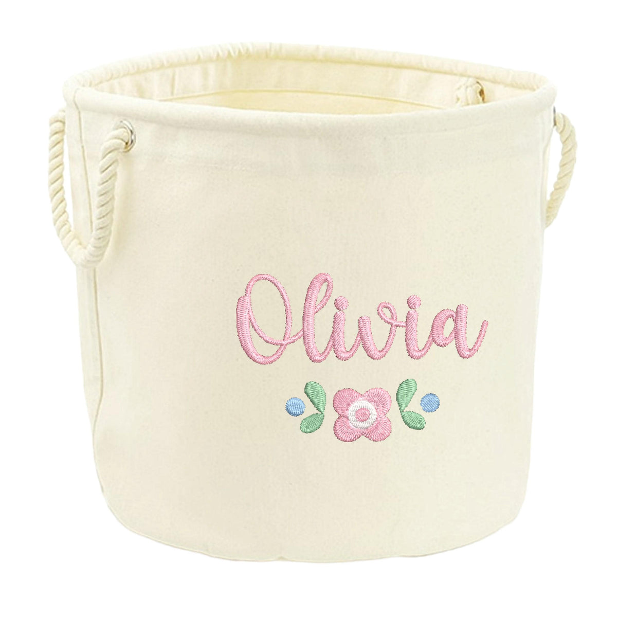 Embroidered Pink Floral Personalised Name Canvas Toy Storage Tub Custom Girls Nursery Bedroom Decor Basket