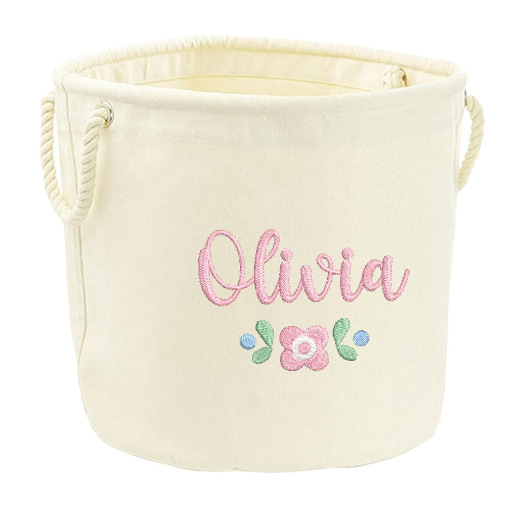 Embroidered Pink Floral Personalised Name Canvas Toy Storage Tub Custom Girls Nursery Bedroom Decor Basket