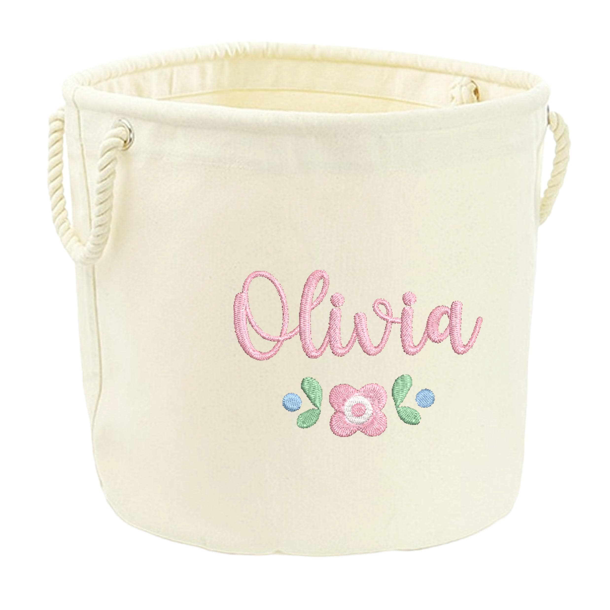 Embroidered Pink Floral Personalised Name Canvas Toy Storage Tub Custom Girls Nursery Bedroom Decor Basket