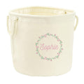 Embroidered Pink Floral Wreath Personalised Name Canvas Toy Storage Tub Custom Girls Nursery Bedroom Decor Basket