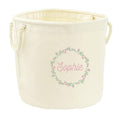 Embroidered Pink Floral Wreath Personalised Name Canvas Toy Storage Tub Custom Girls Nursery Bedroom Decor Basket