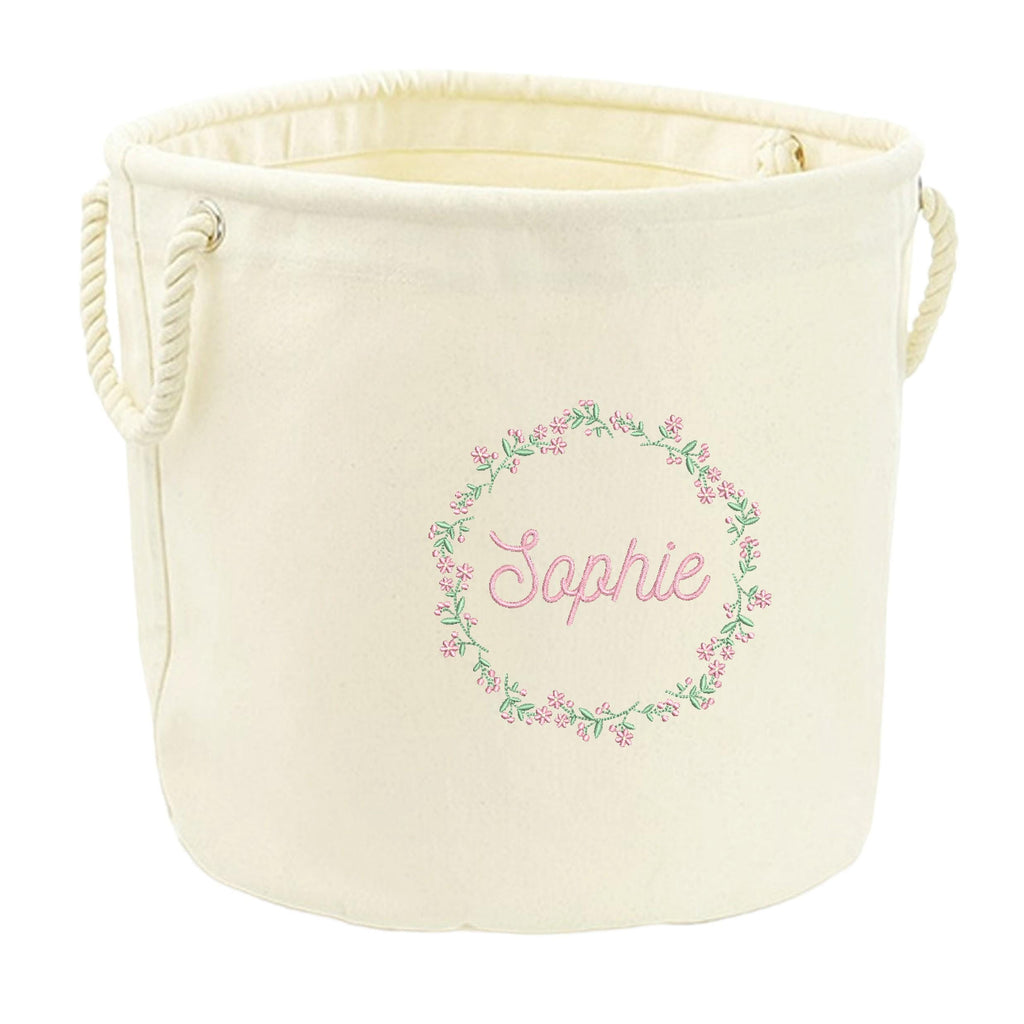 Embroidered Pink Floral Wreath Personalised Name Canvas Toy Storage Tub Custom Girls Nursery Bedroom Decor Basket