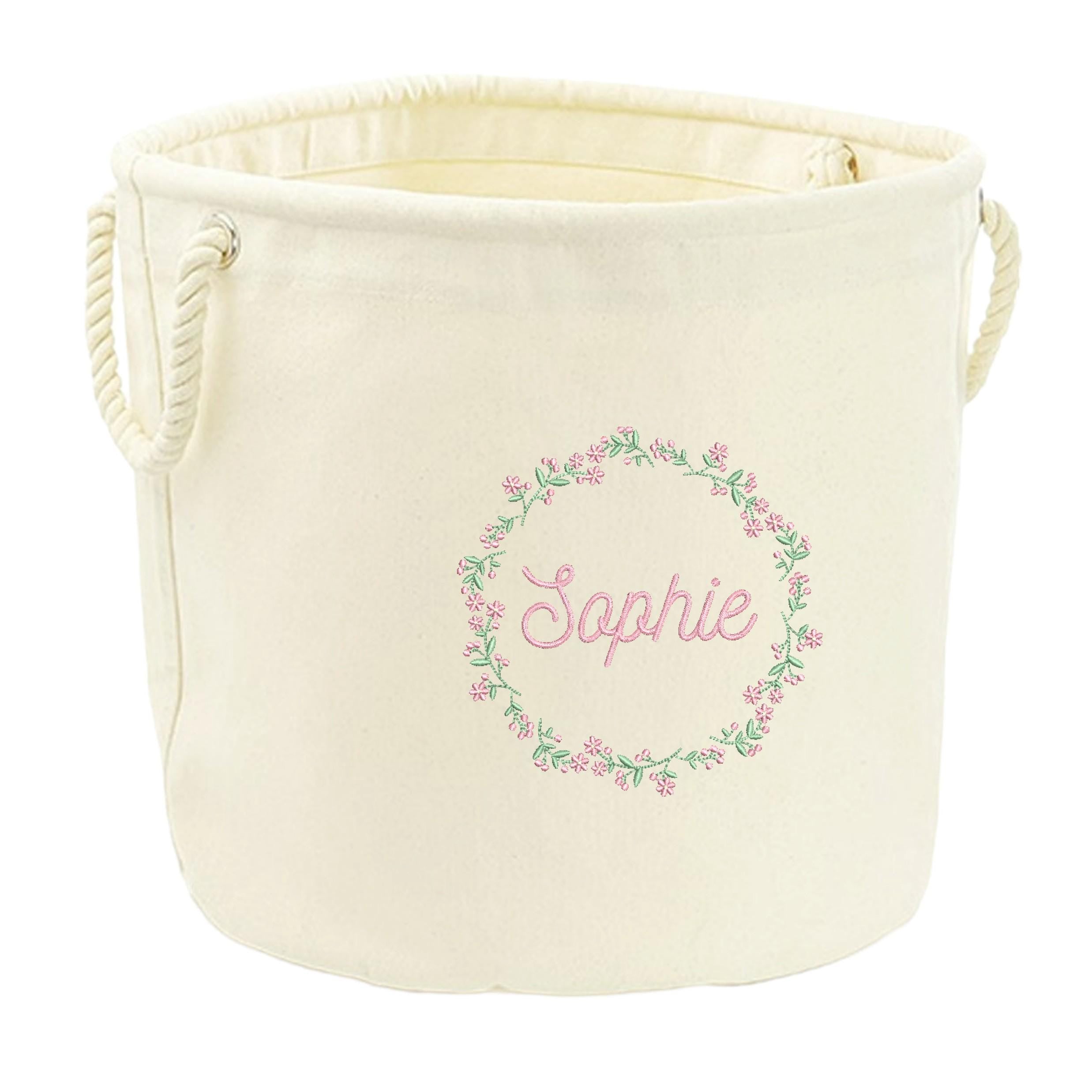 Embroidered Pink Floral Wreath Personalised Name Canvas Toy Storage Tub Custom Girls Nursery Bedroom Decor Basket
